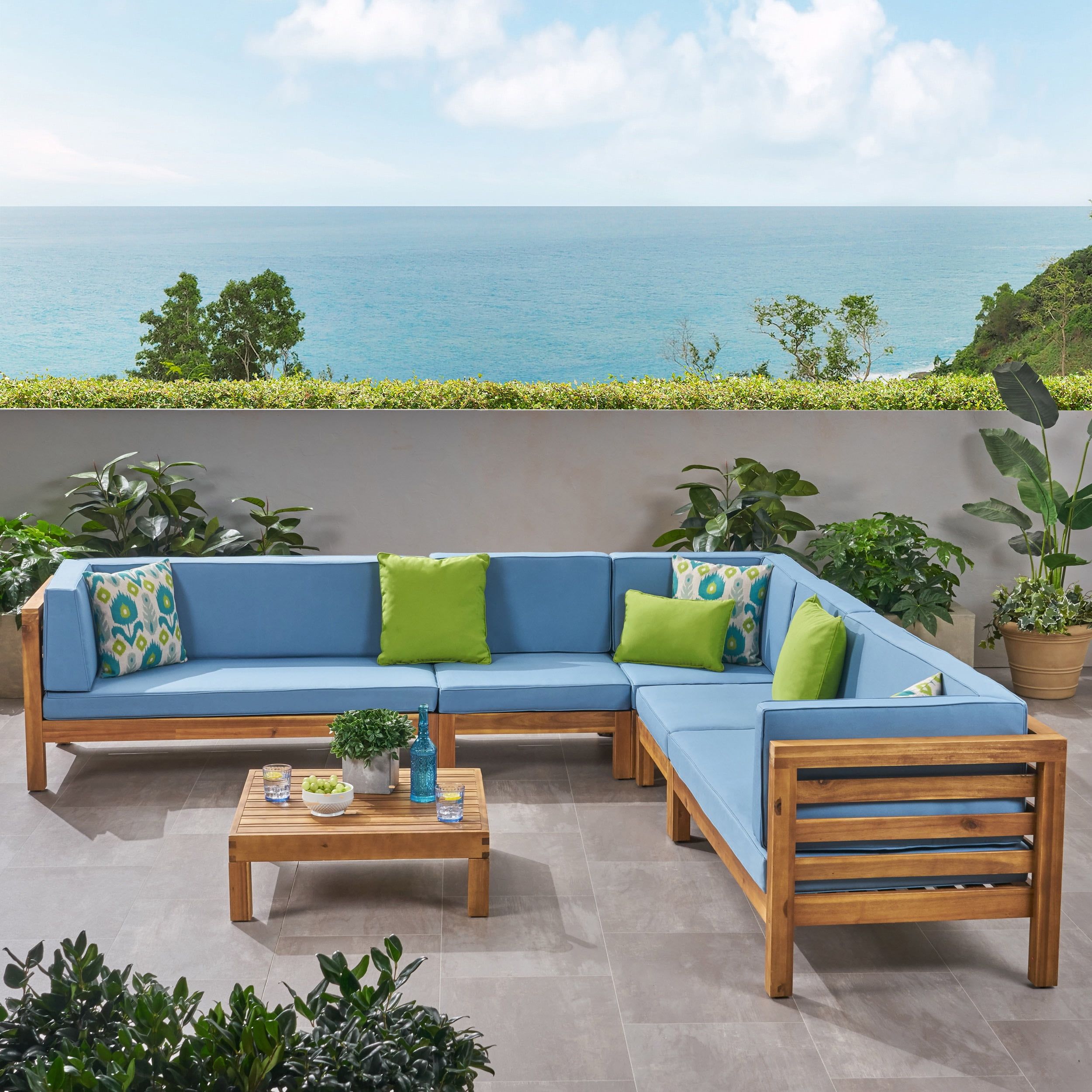 Teak and Blue 7-Piece Outdoor Sectional Sofa Set