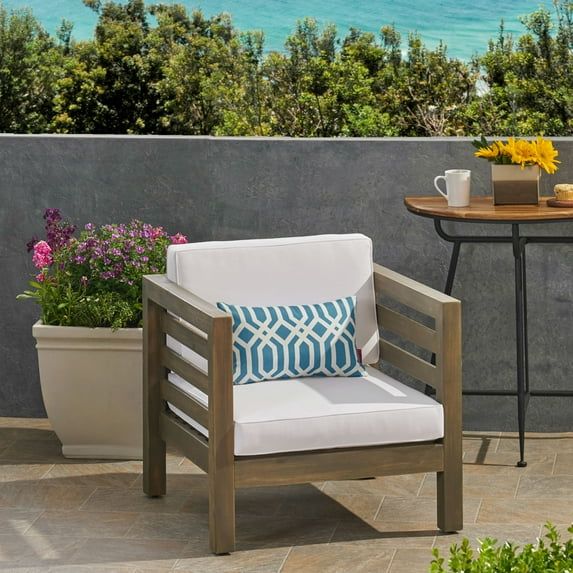 Mid-Century Modern Acacia Wood Lounge Chair with Gray and White Cushions