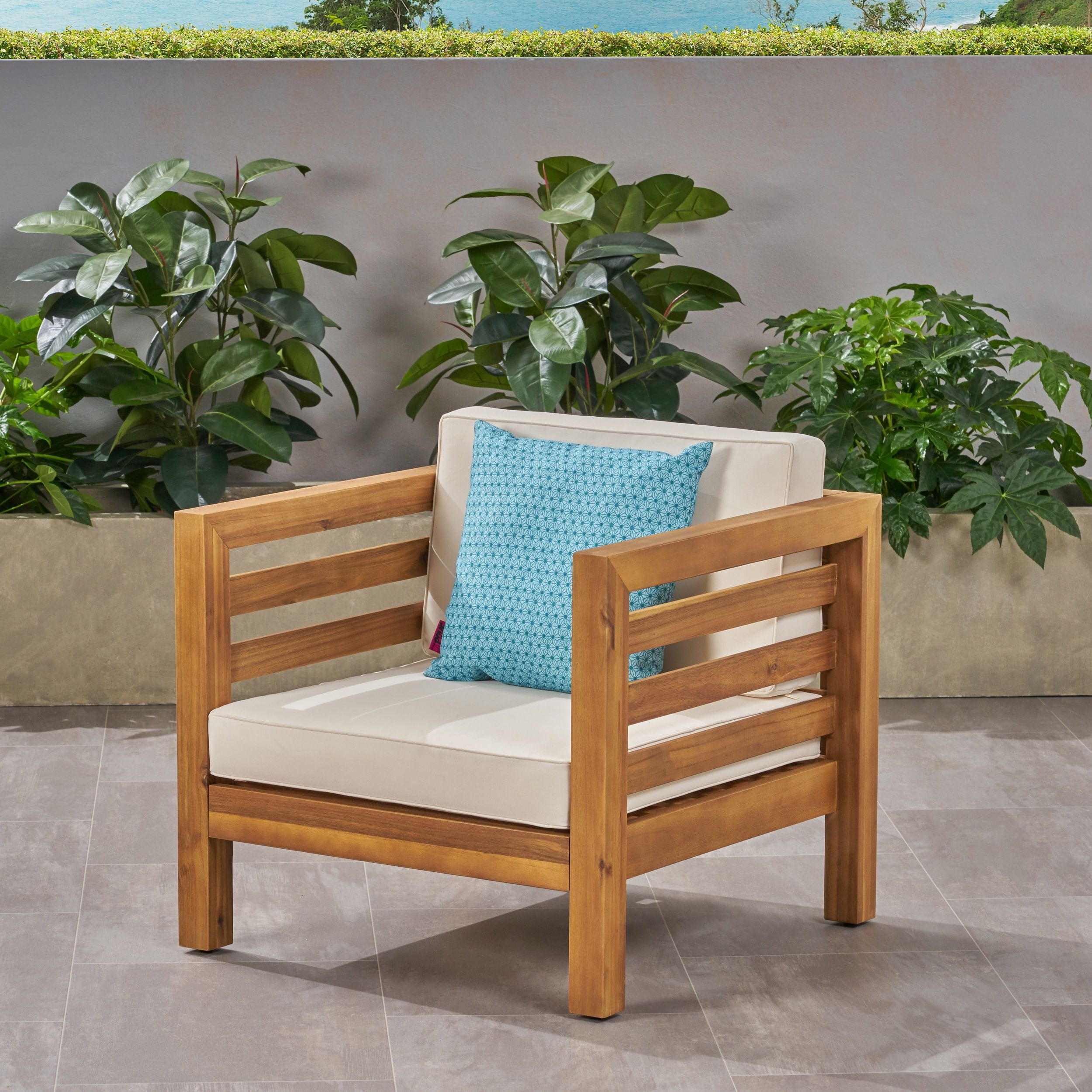 Teak Finish Acacia Wood Club Chair with Plush Beige Cushions