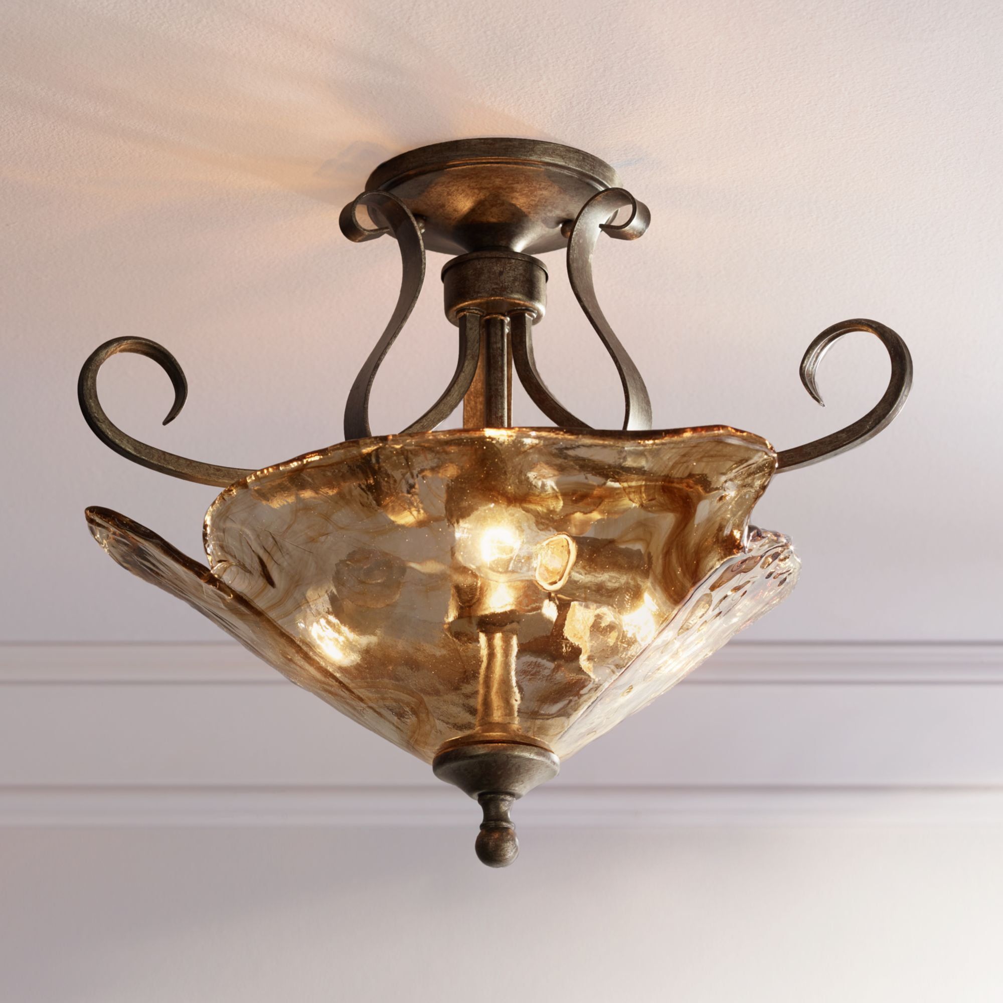 Contemporary Amber Glass 20" Silver Highlight Ceiling Light