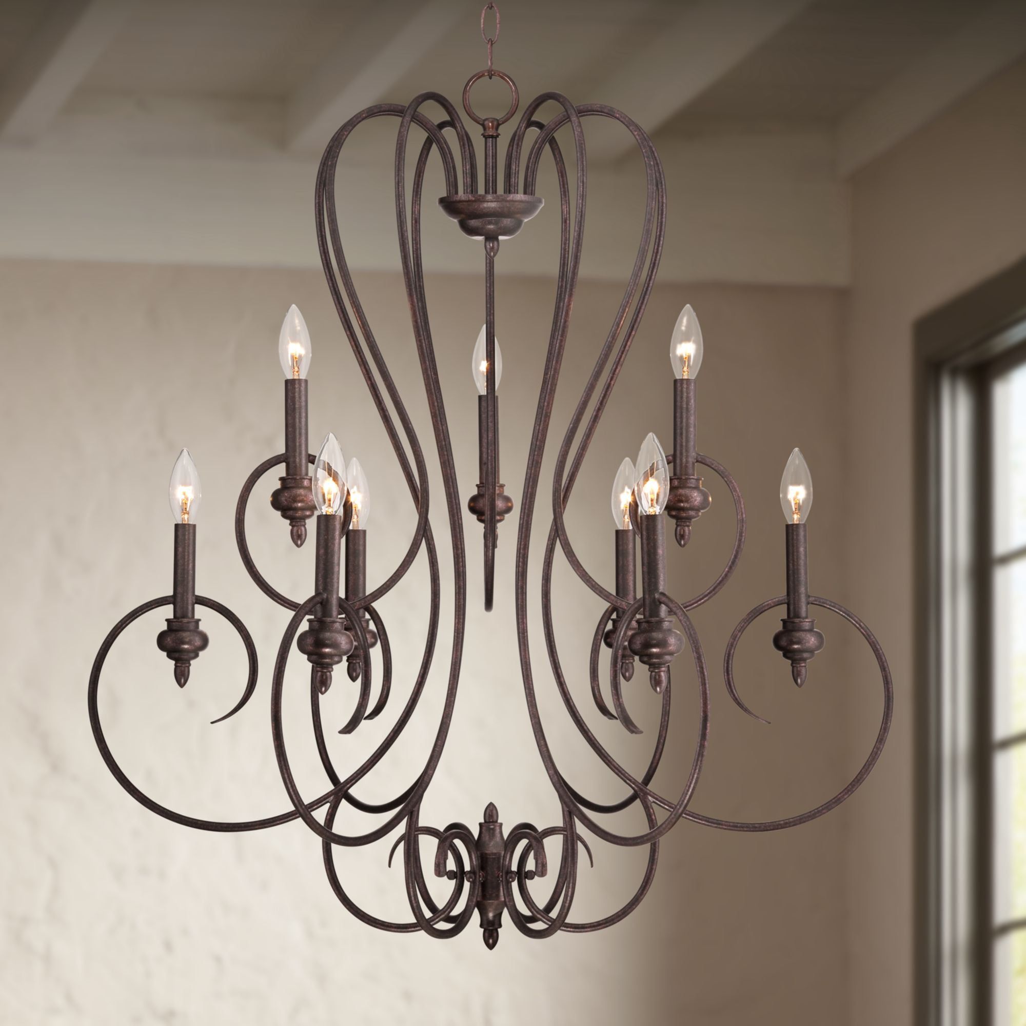 Elegant Bronze Scroll 33" Chandelier with 9 Candle Lights