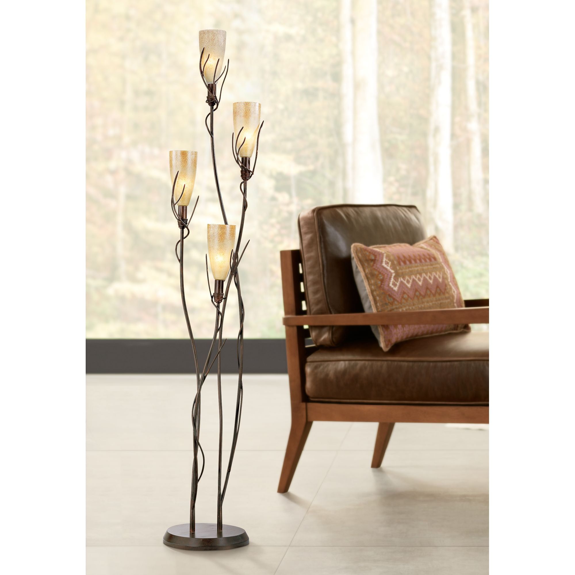 Bronze 4-Light Glass Shade Torchiere Floor Lamp