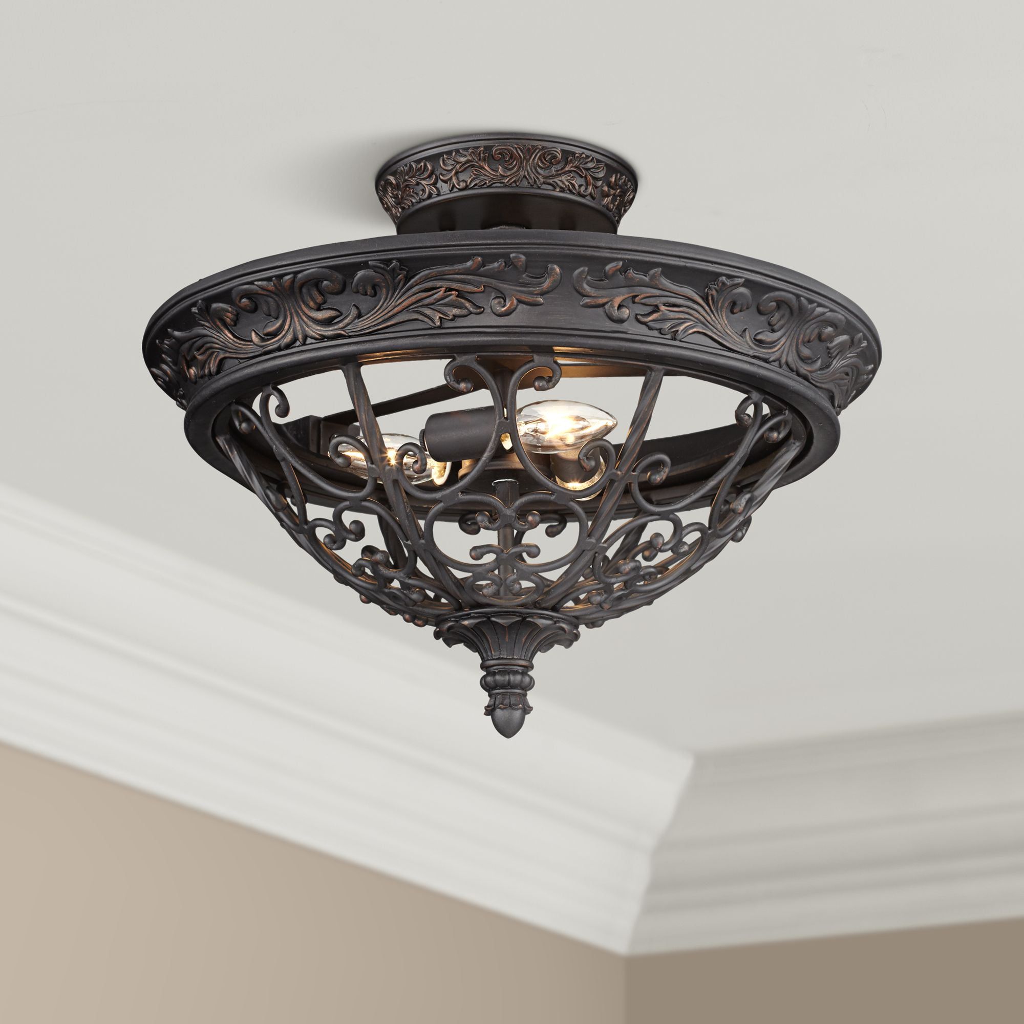 Elegant Scroll Rubbed Bronze Semi-Flushmount Ceiling Bowl Light, 20" Wide