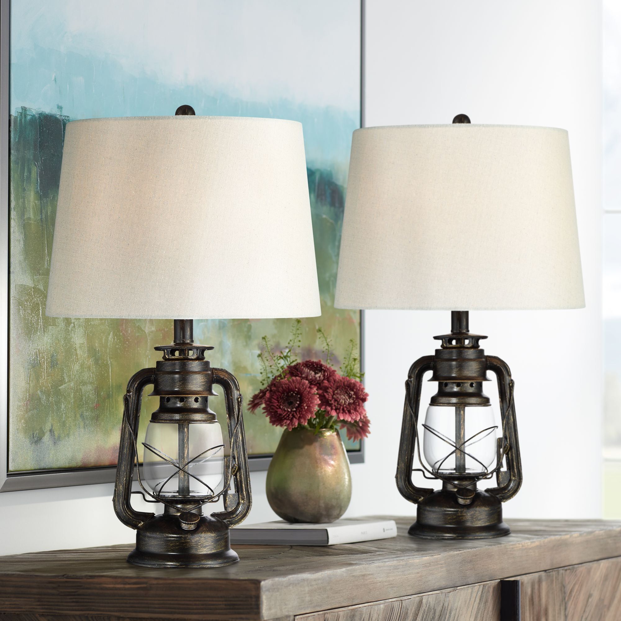 Bronze Miner Lantern Industrial Accent Table Lamp Set