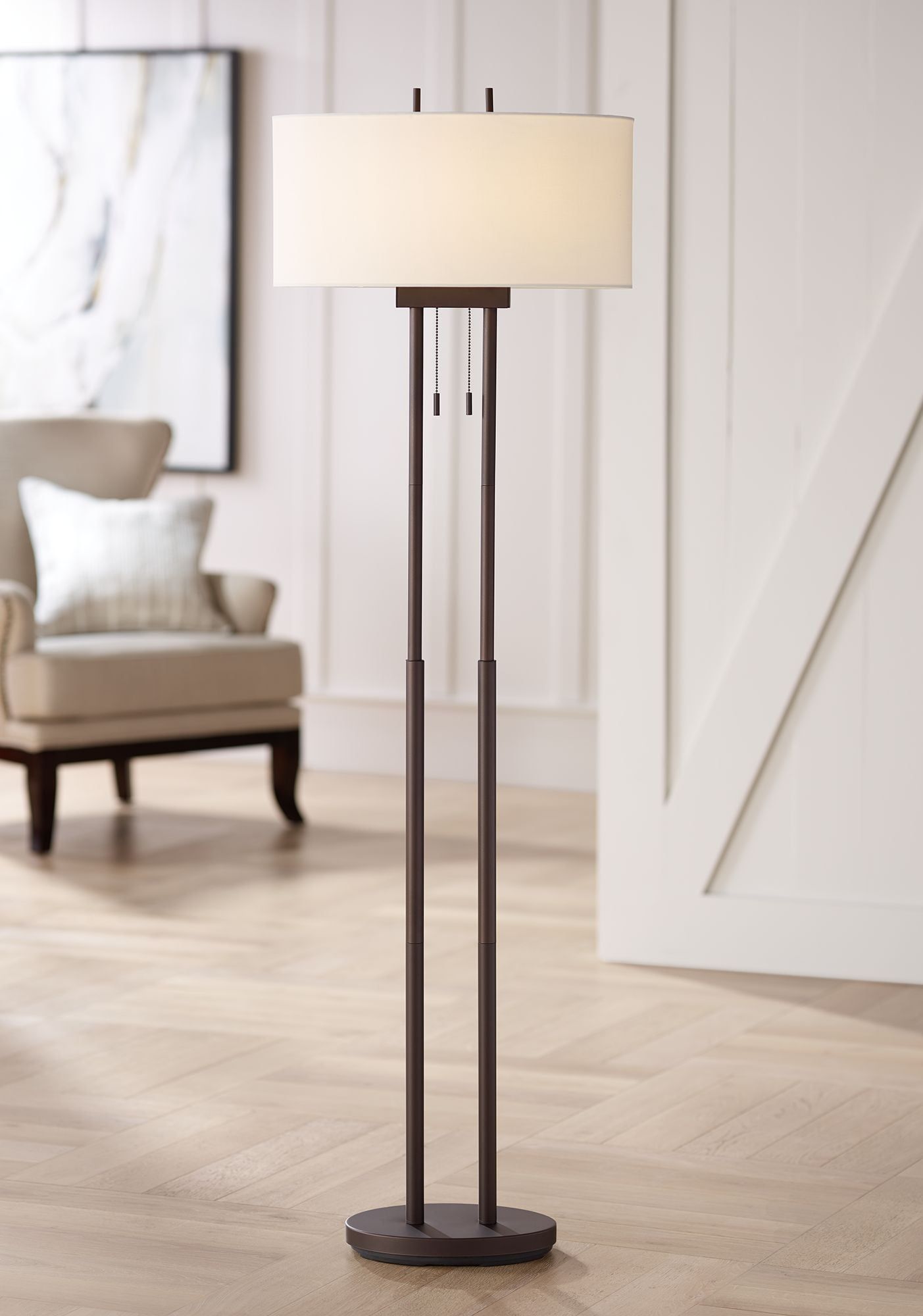 Modern Bronze Twin Pole Floor Lamp with Off-White Shade