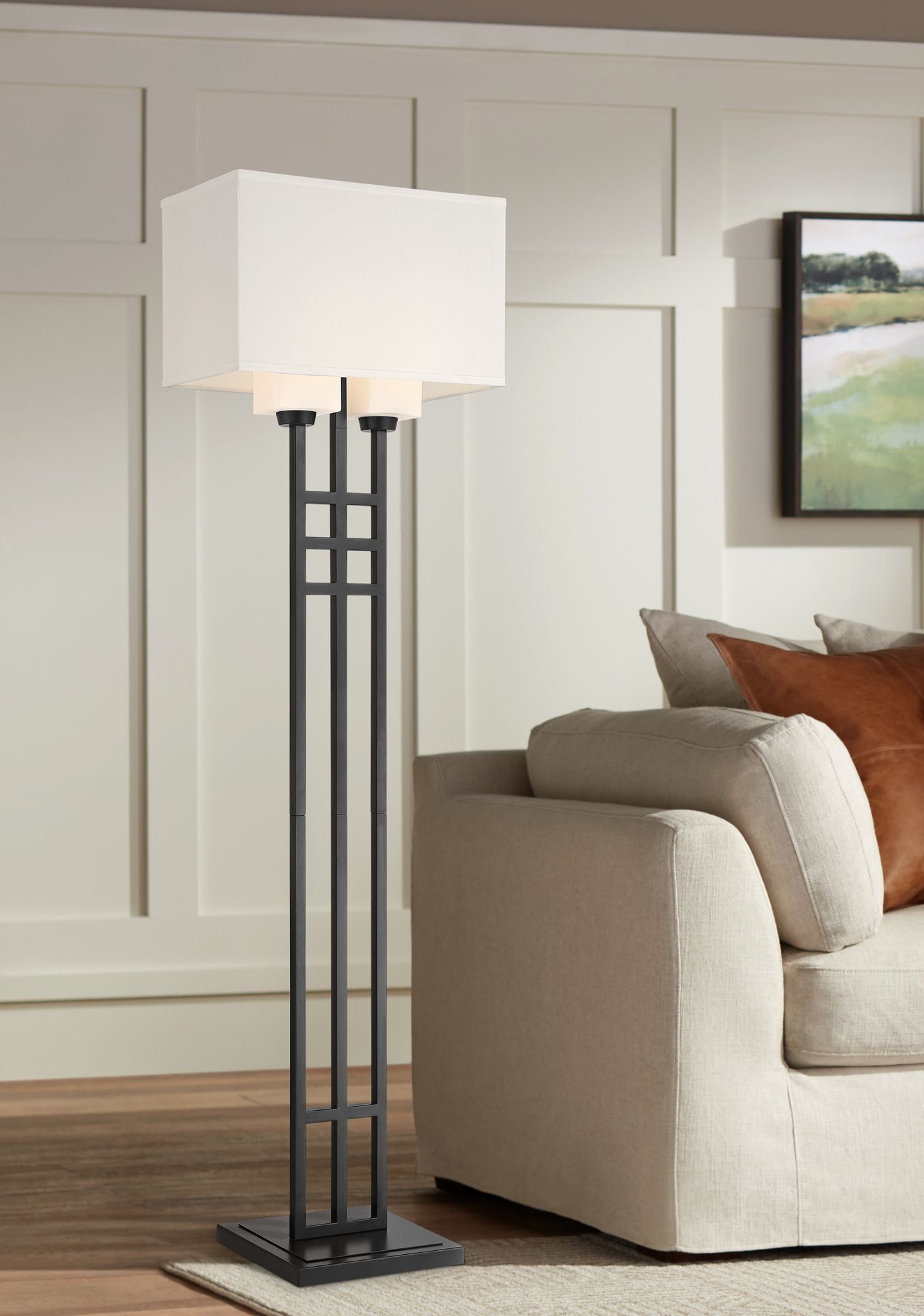 Winslow Matte Black Industrial Floor Lamp with White Linen Shade