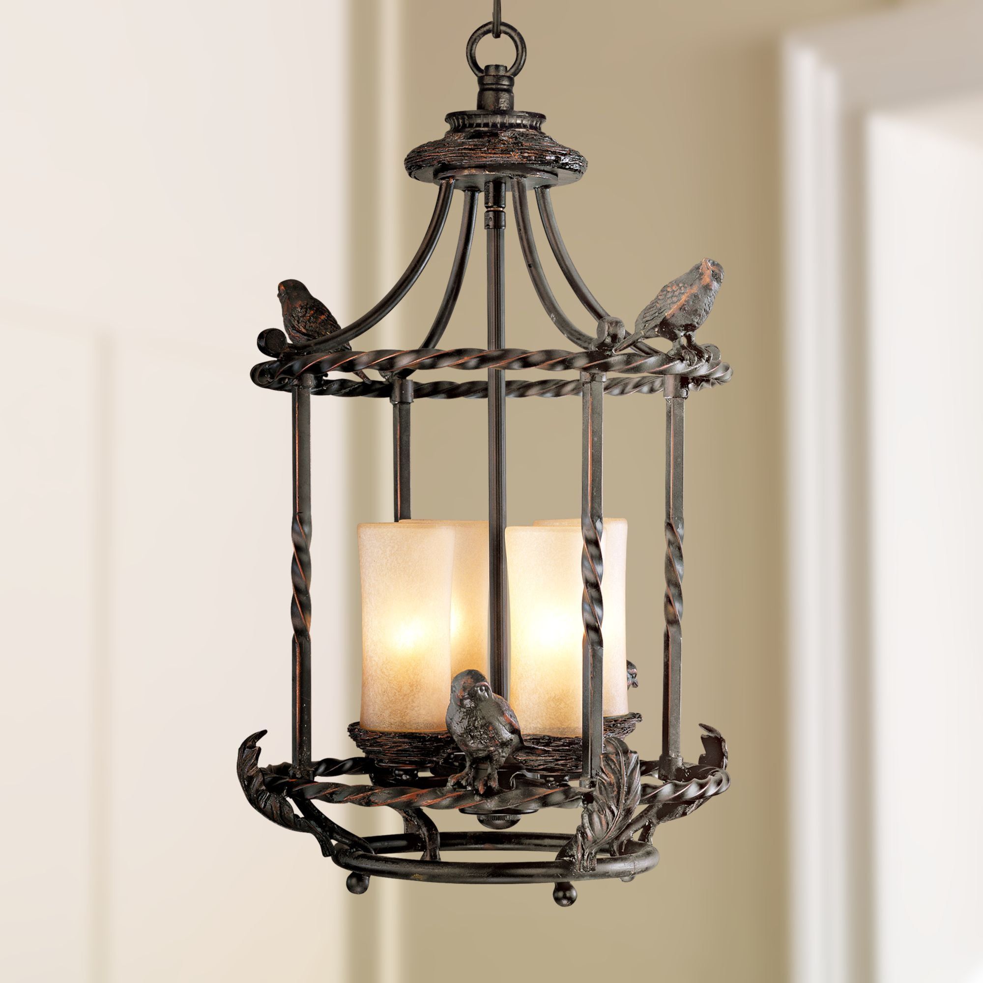 Bronze Birdcage Outdoor Pendant Chandelier with Scavo Glass