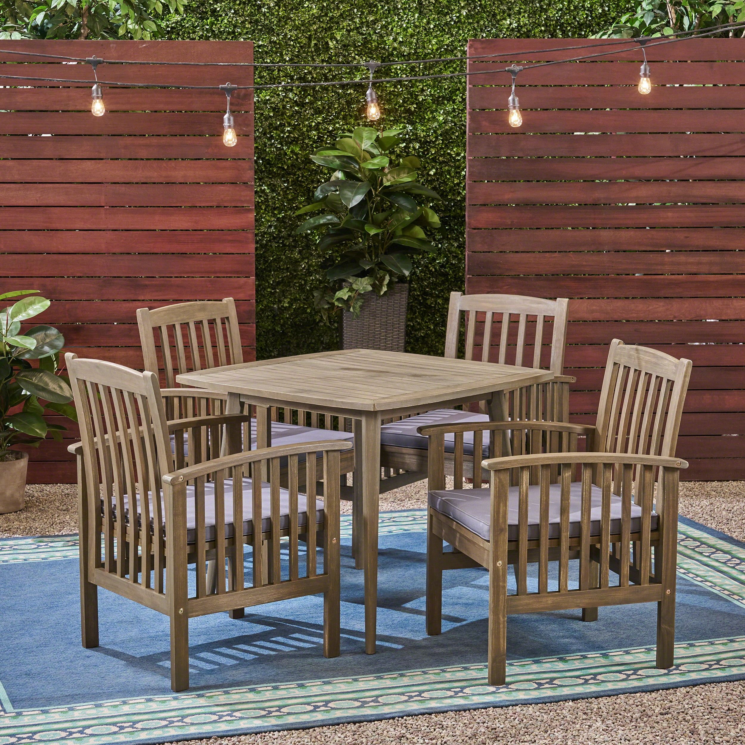 Gray Acacia Wood 5-Piece Patio Dining Set with Cushions