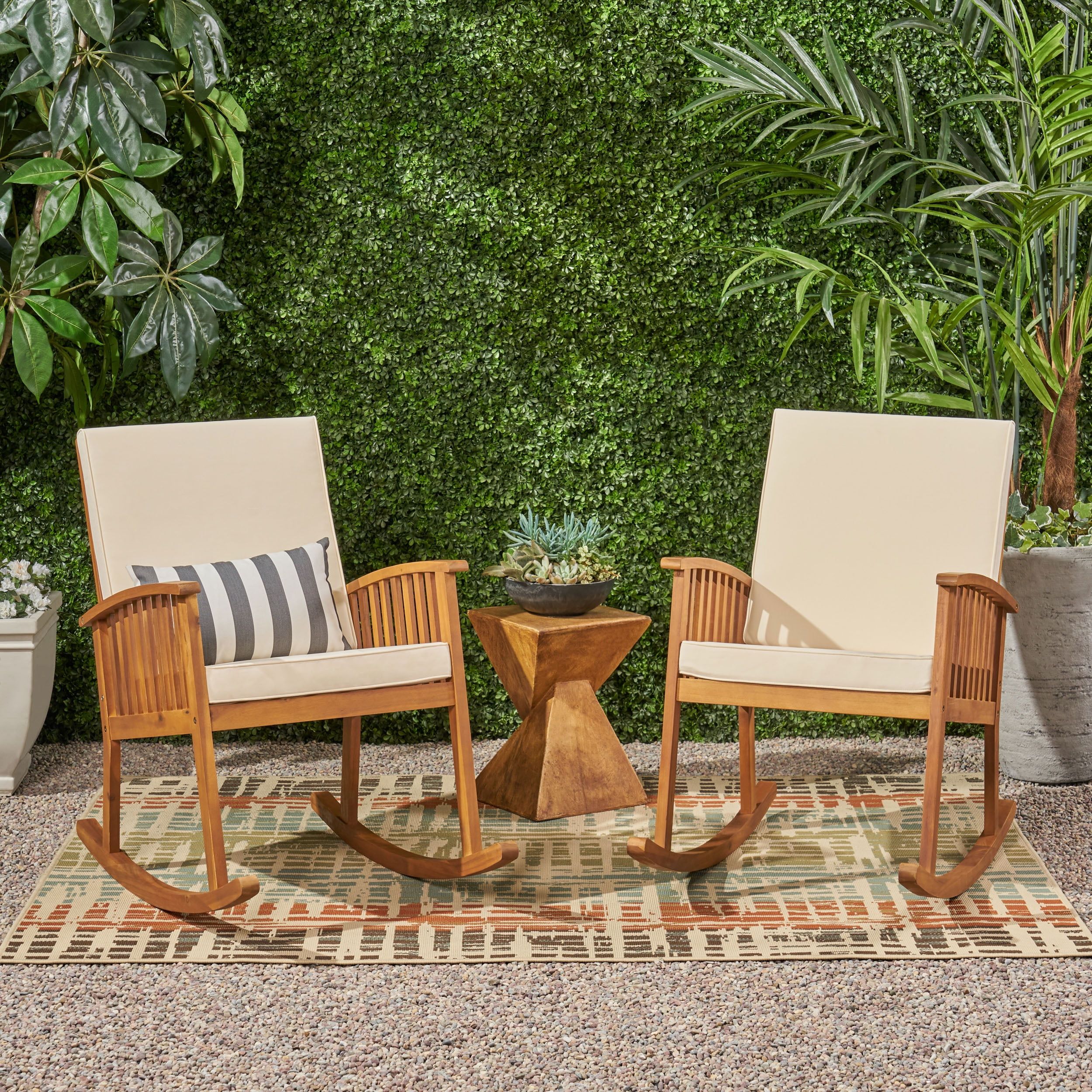 Brown Patina Acacia Wood Rocking Chair with Cream Cushions