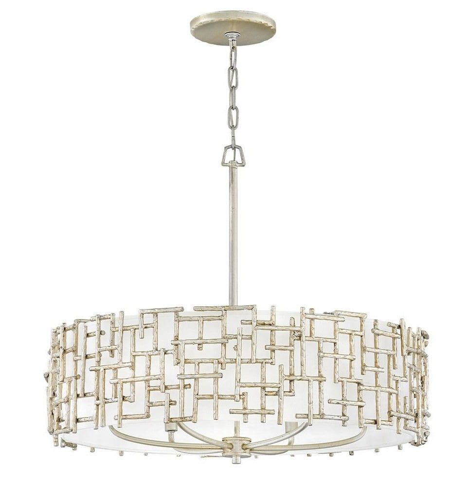 Silver Leaf 6-Light Drum Chandelier with White Linen Shade