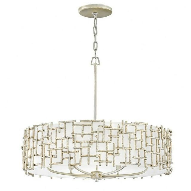 Silver Leaf 6-Light Drum Chandelier with White Linen Shade