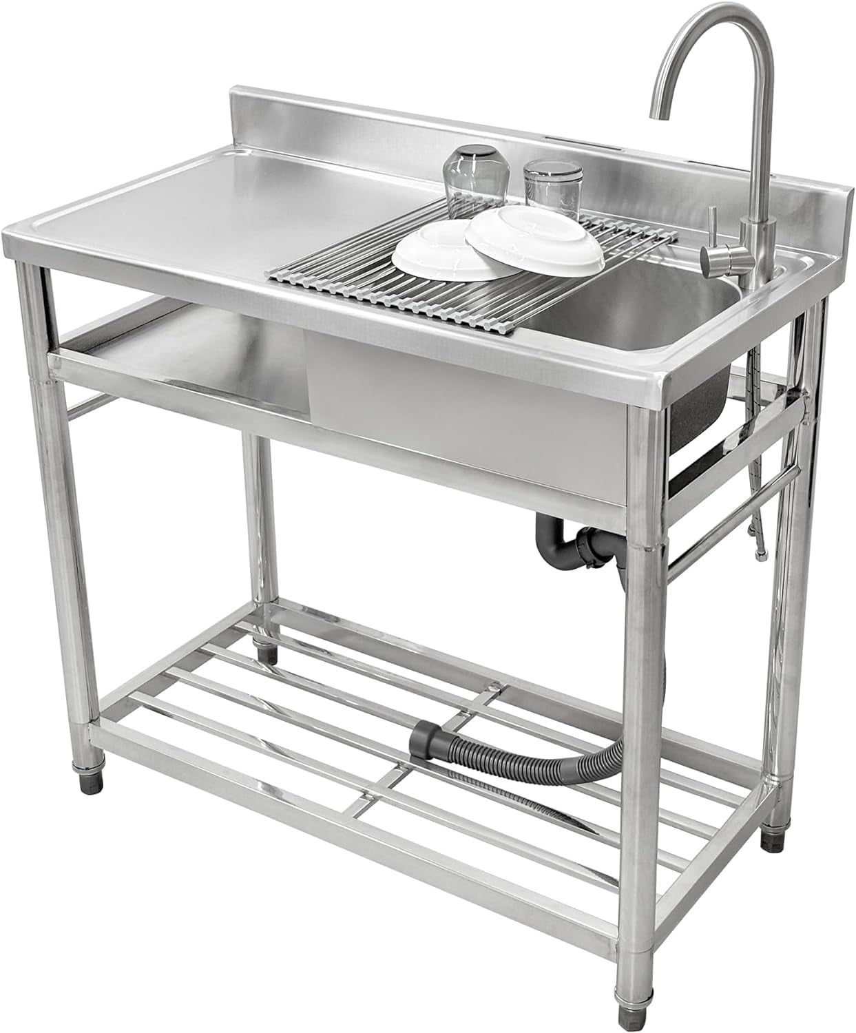 Stainless Steel Commercial Utility Sink with Faucet and Shelf