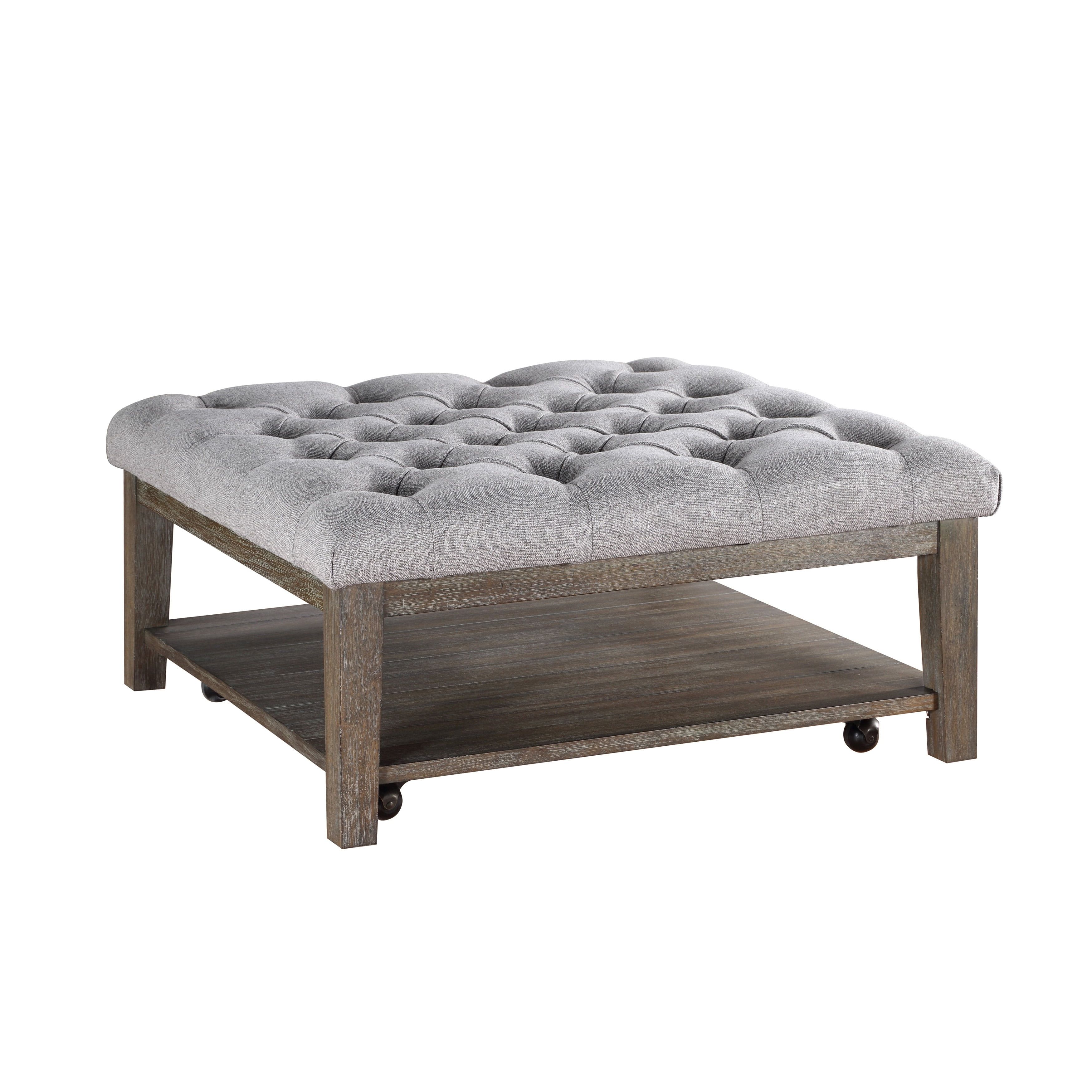 Gray Tufted Fabric and Birch Veneer Square Ottoman