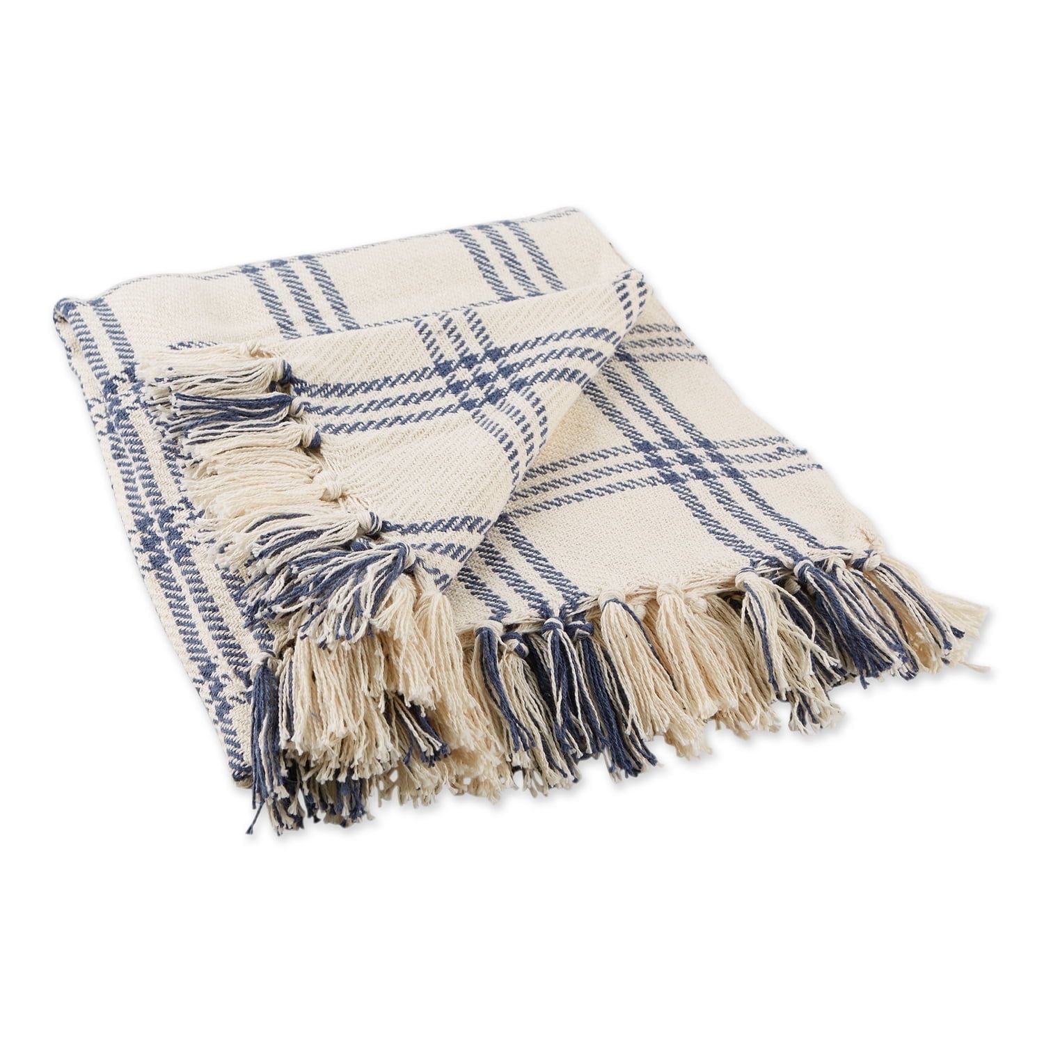 French Blue and White Cotton Fringe Farmhouse Throw, 50x60