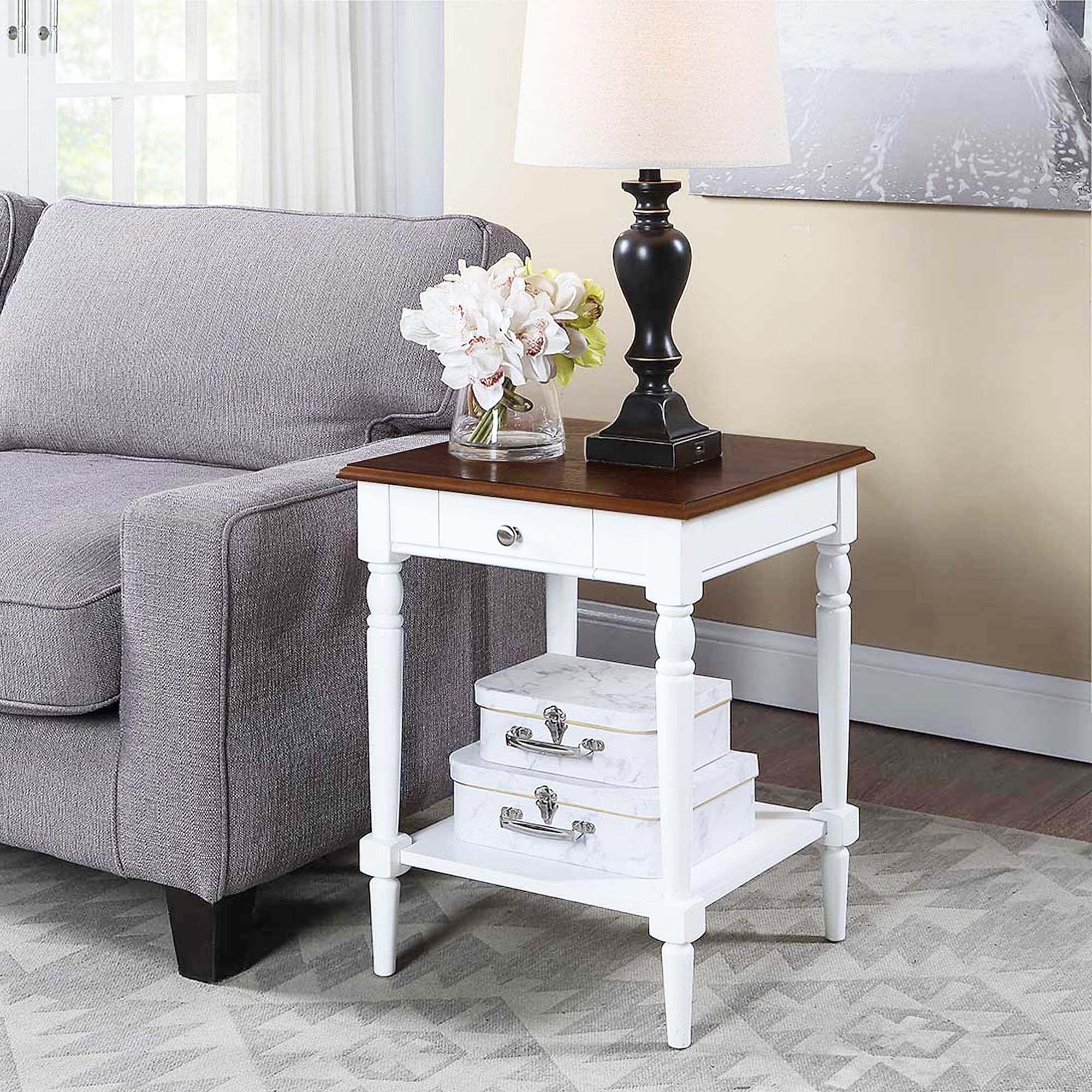 French Country Dark Walnut and White Wood End Table with Storage