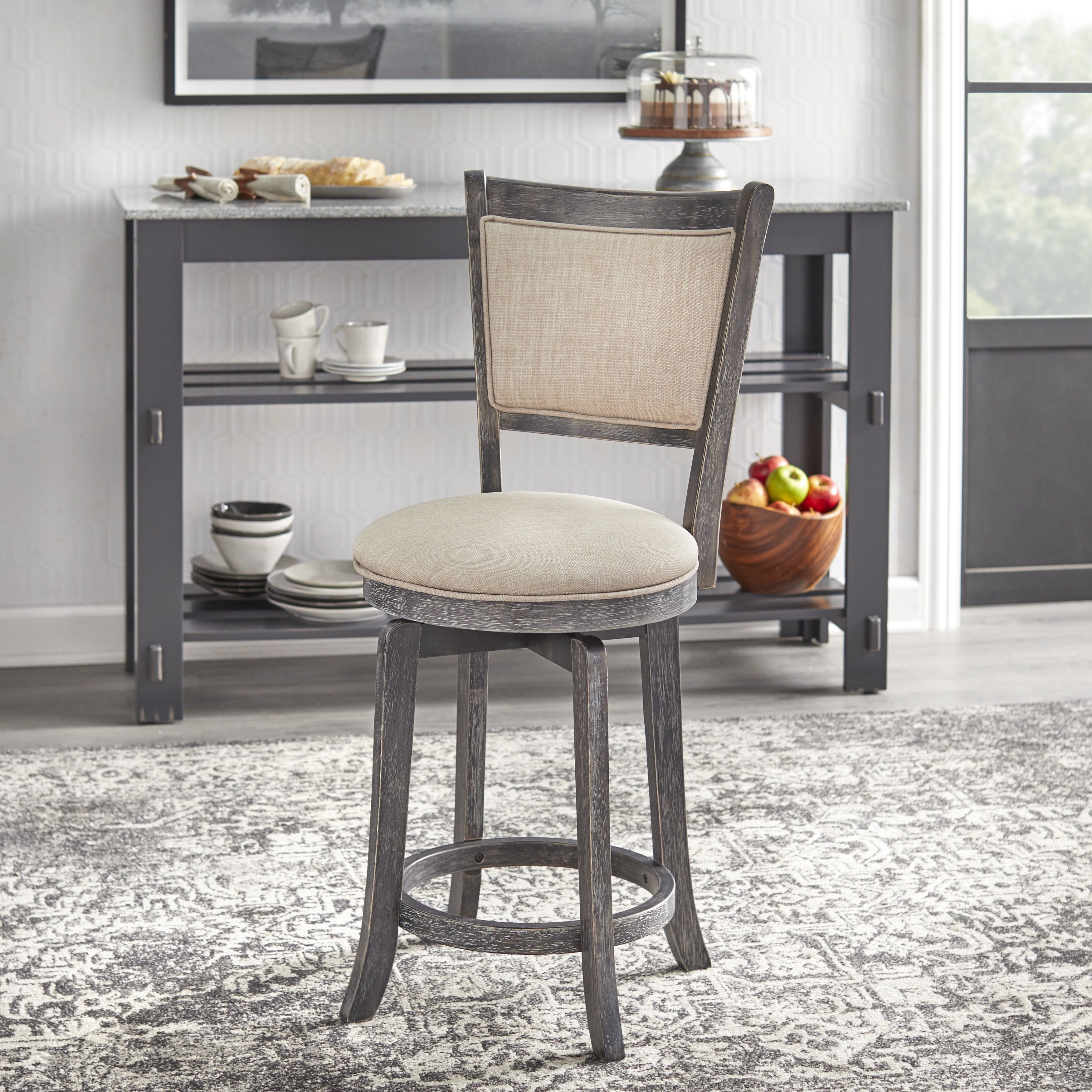 Gray Wood Swivel Counter Stool with Cream Linen Upholstery