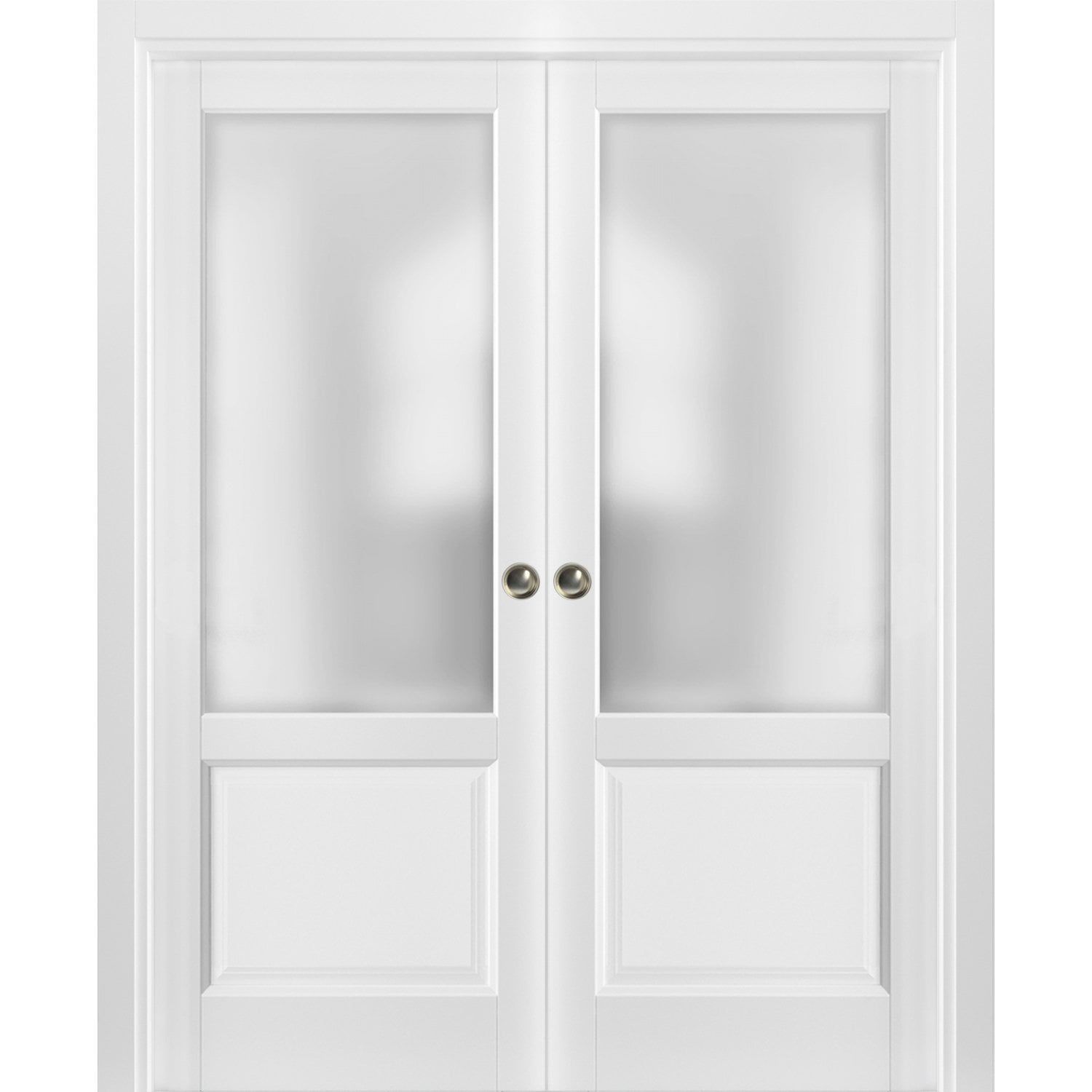 Matte White Double Pocket Doors with Frosted Glass Panels