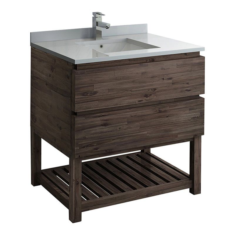 Elegant Acacia Wood 36" Vanity with Quartz Top and Open Shelf