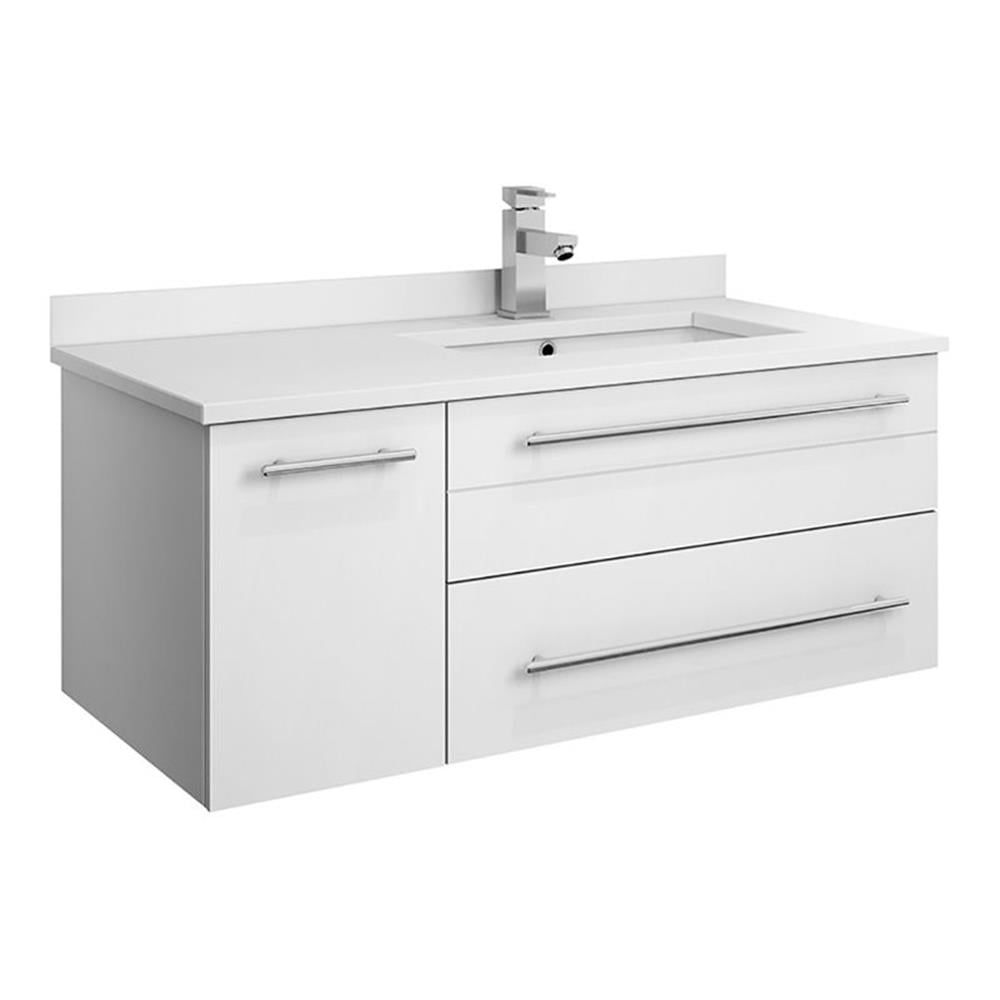 White 36" Wall-Mount Vanity with Quartz Top and Ceramic Sink