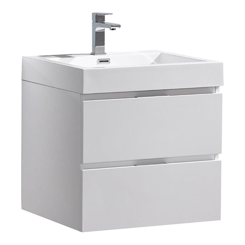 Glossy White 24" Wall-Mount Bathroom Vanity with Acrylic Sink