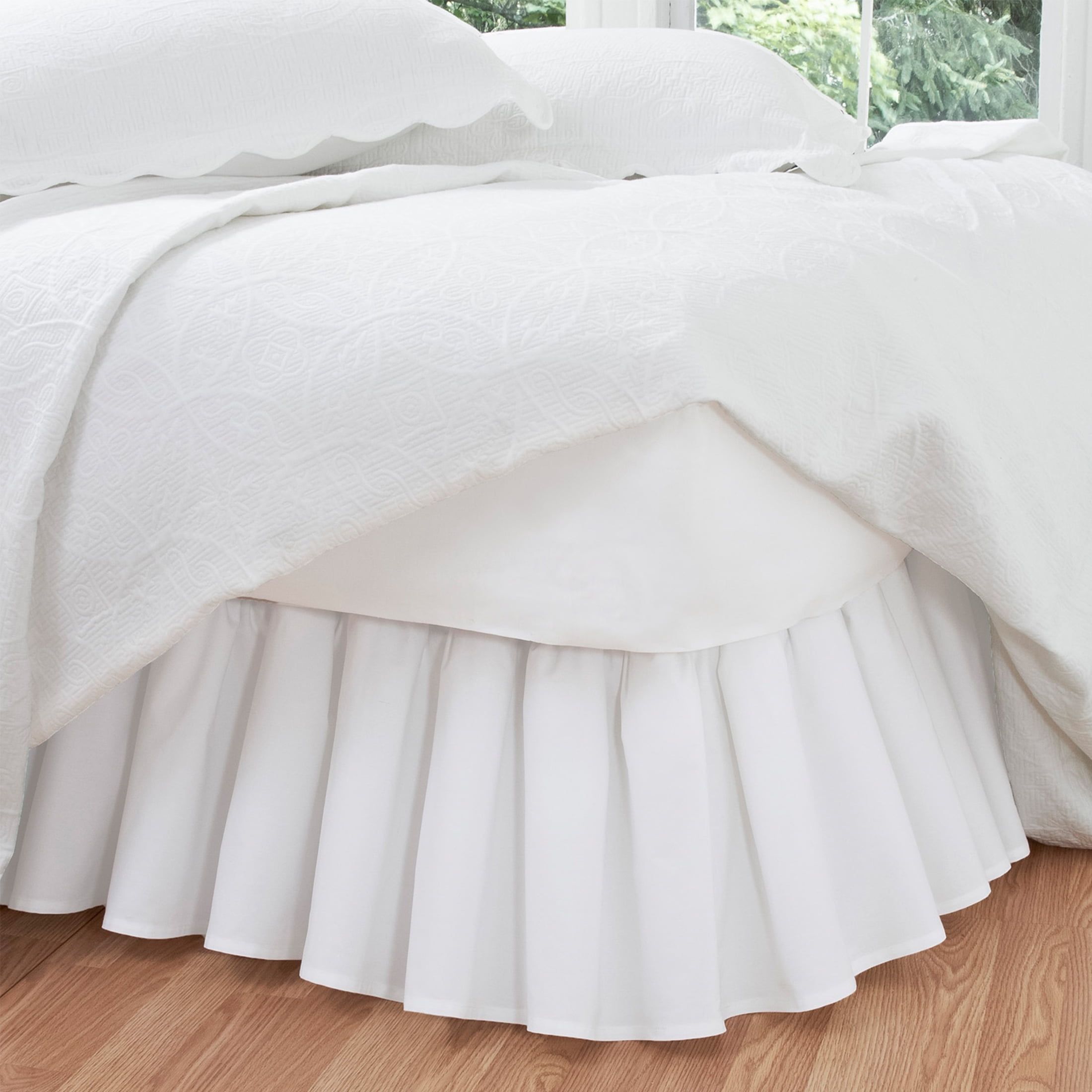 Full White Ruffled Poplin Bed Skirt with Split Corner