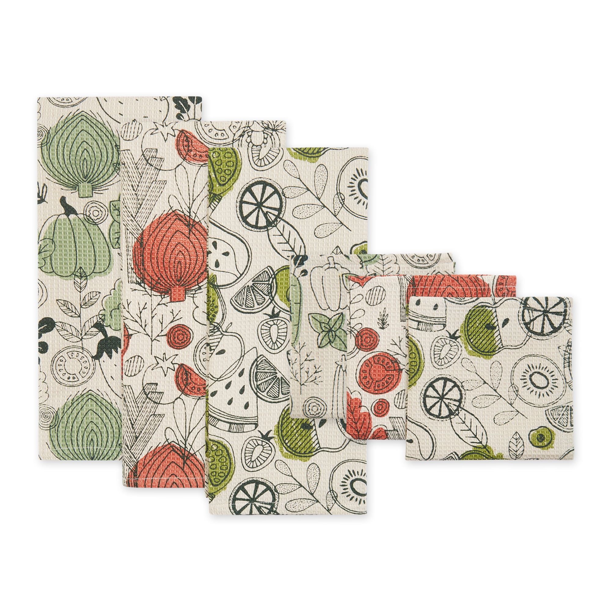 Veggie Print Cotton Dishtowel & Dishcloth Set of 6