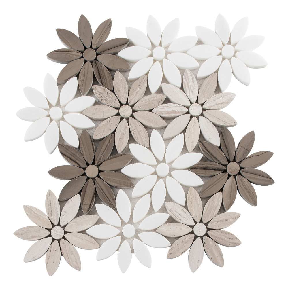 Brown and White Floral Pattern Matte Marble Mosaic Tile