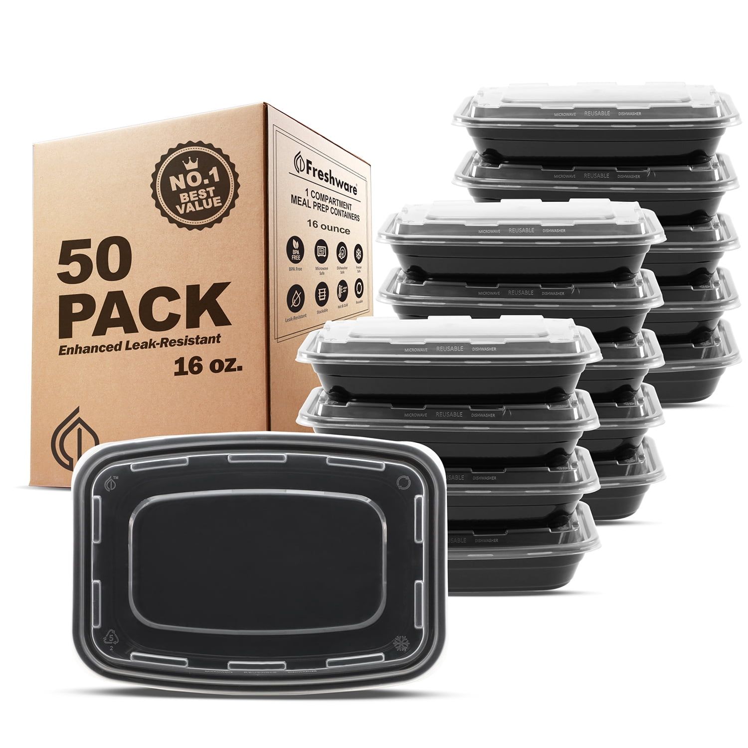 Freshware 50-Pack Black Plastic Meal Prep Containers with Clear Lids