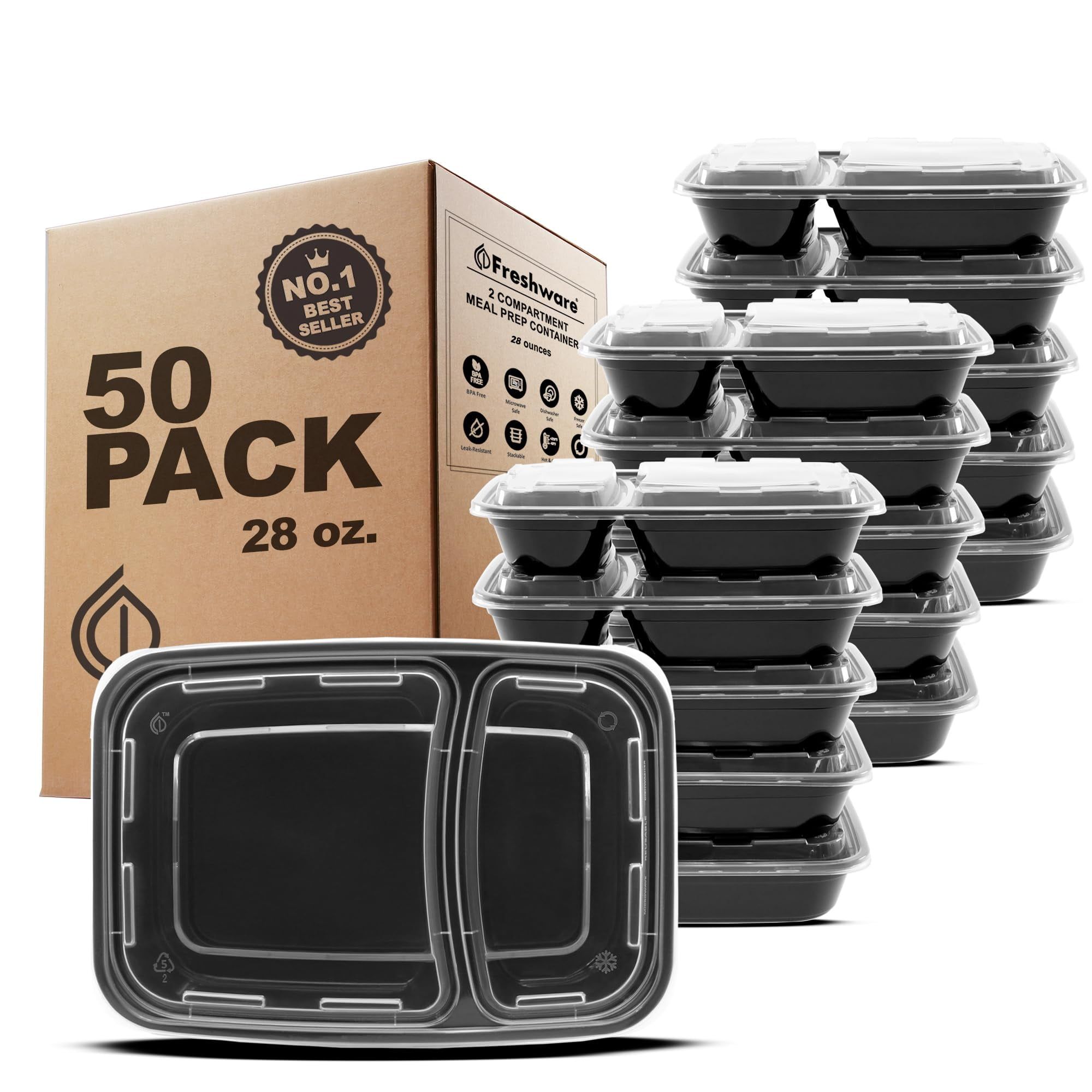 Black and Clear Plastic 28oz Meal Prep Containers with Dividers, 50 Pack