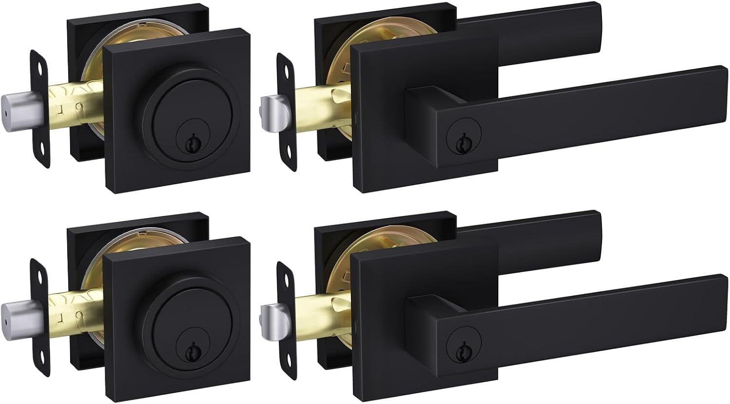 Matte Black Zinc Alloy Key Lock Door Handle Set, 2 Pack