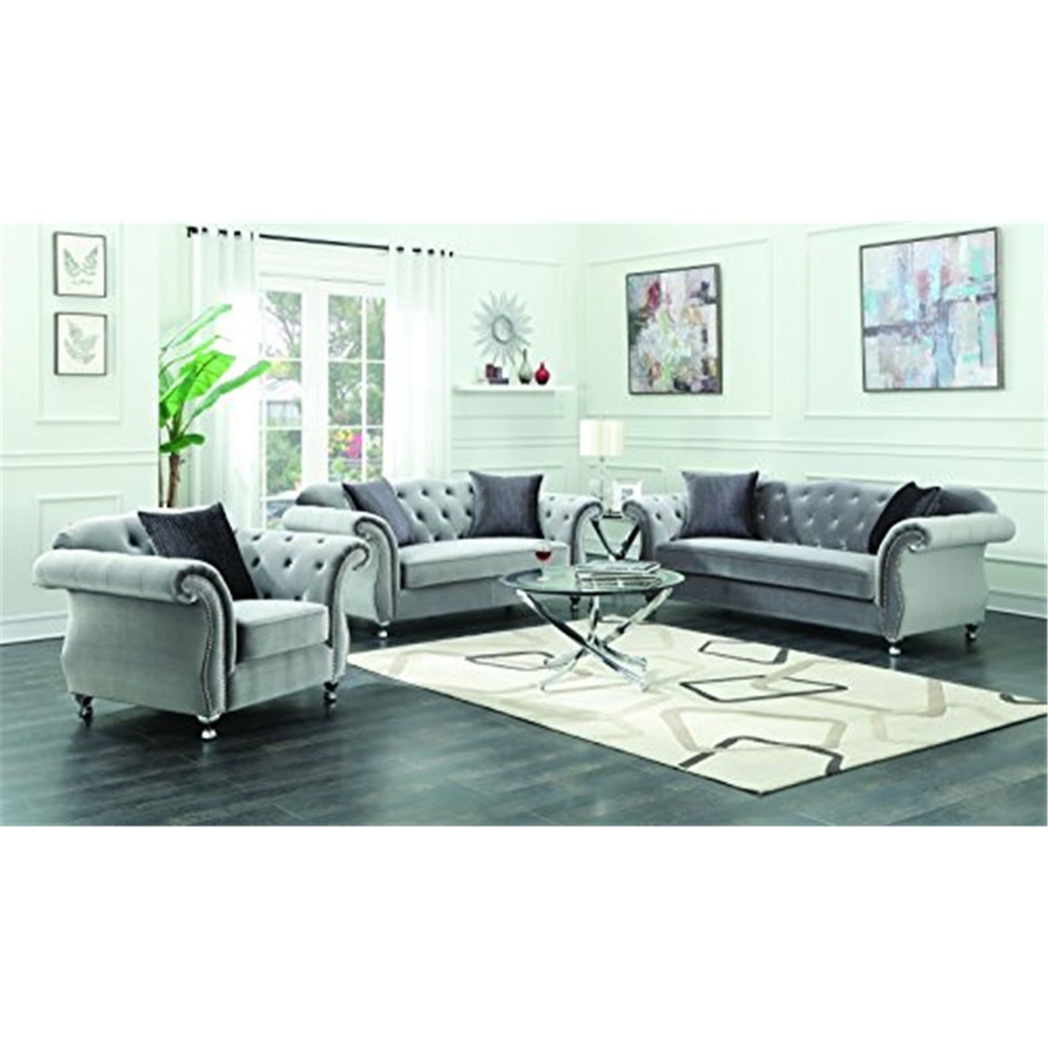 Frostine Silver Velvet Tufted Sofa and Loveseat Set