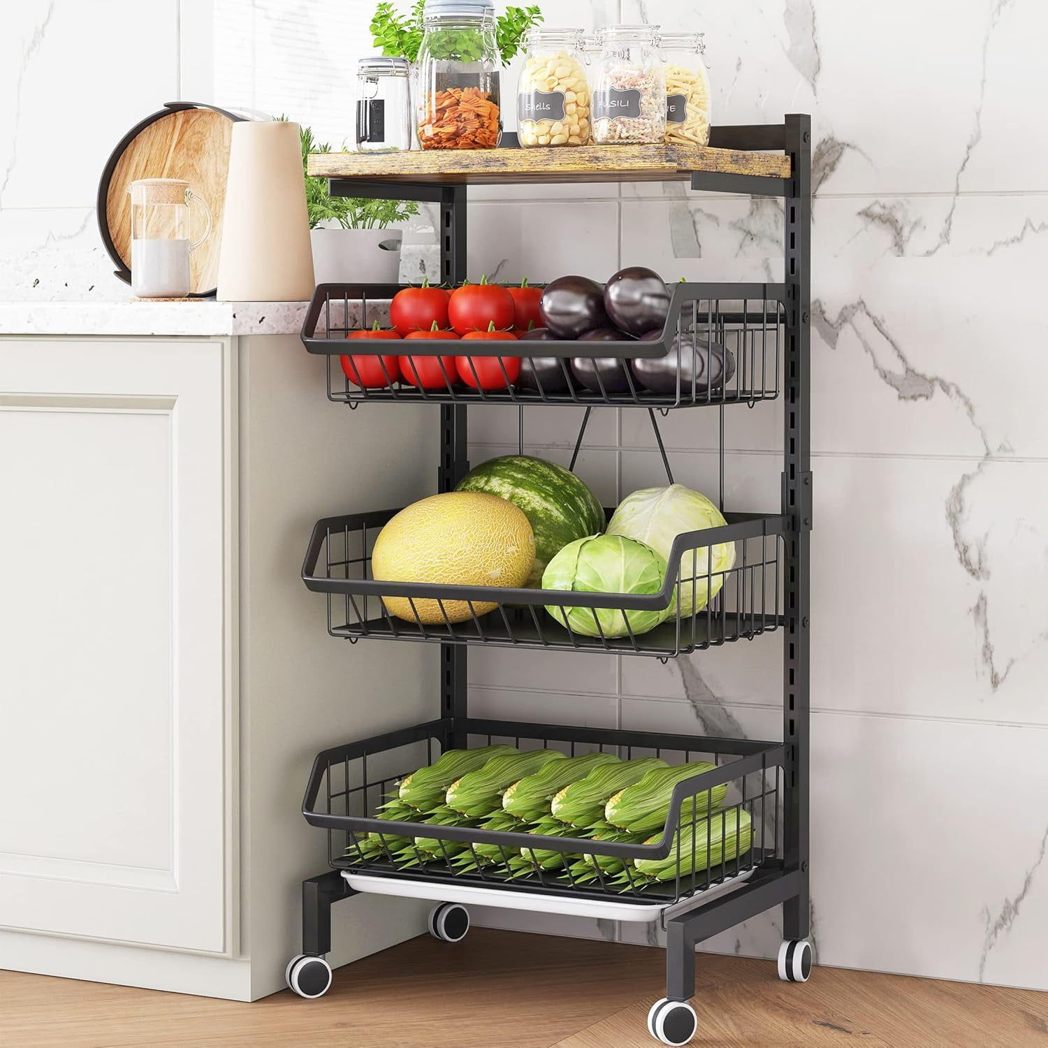 Black Metal 4-Tier Adjustable Kitchen Cart with Wood Top