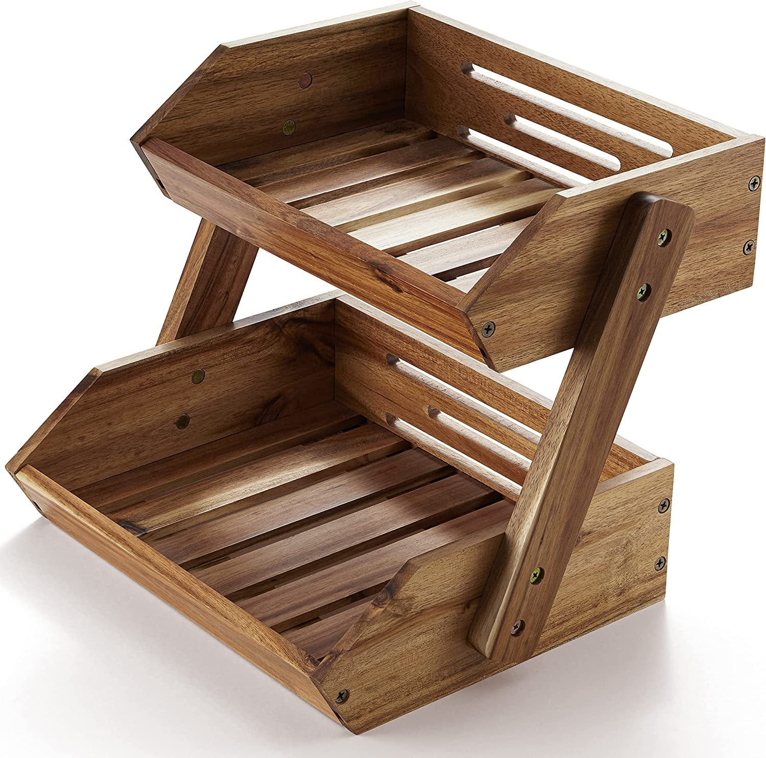 Natural Acacia 2-Tier Wooden Fruit Basket Stand