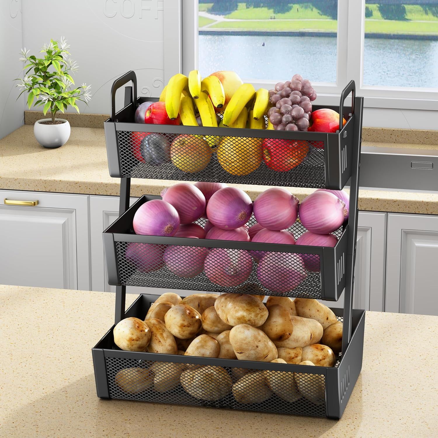 Black Metal 3-Tier Fruit and Vegetable Storage Basket