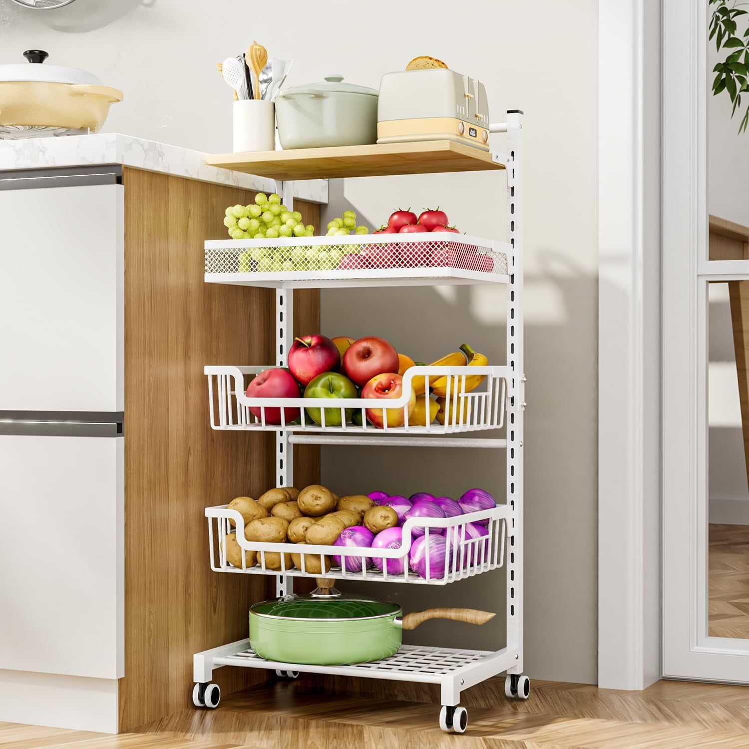 White Metal and Wood 5-Tier Kitchen Storage Cart with Wheels