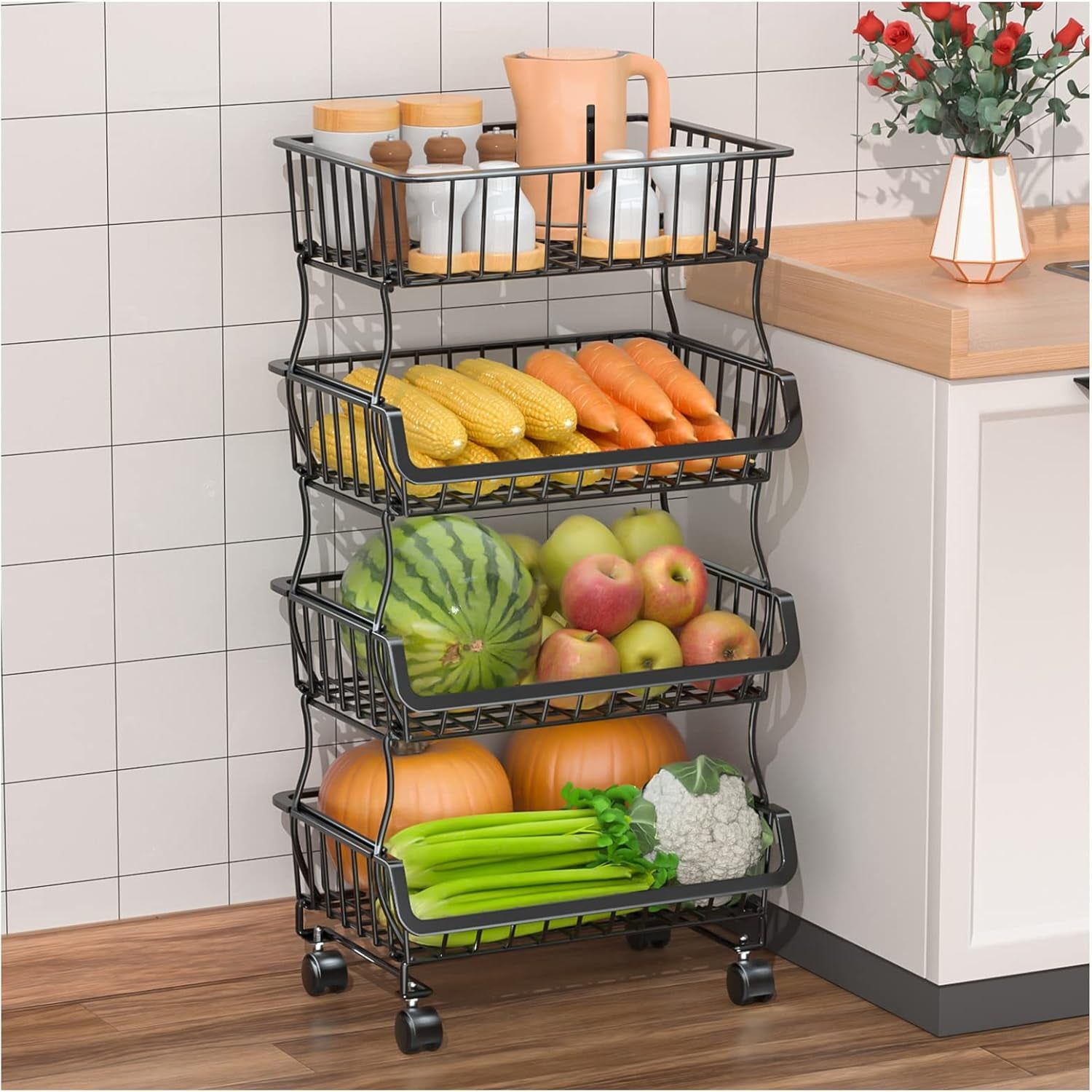 Black Metal 4-Tier Rolling Storage Cart with Detachable Baskets