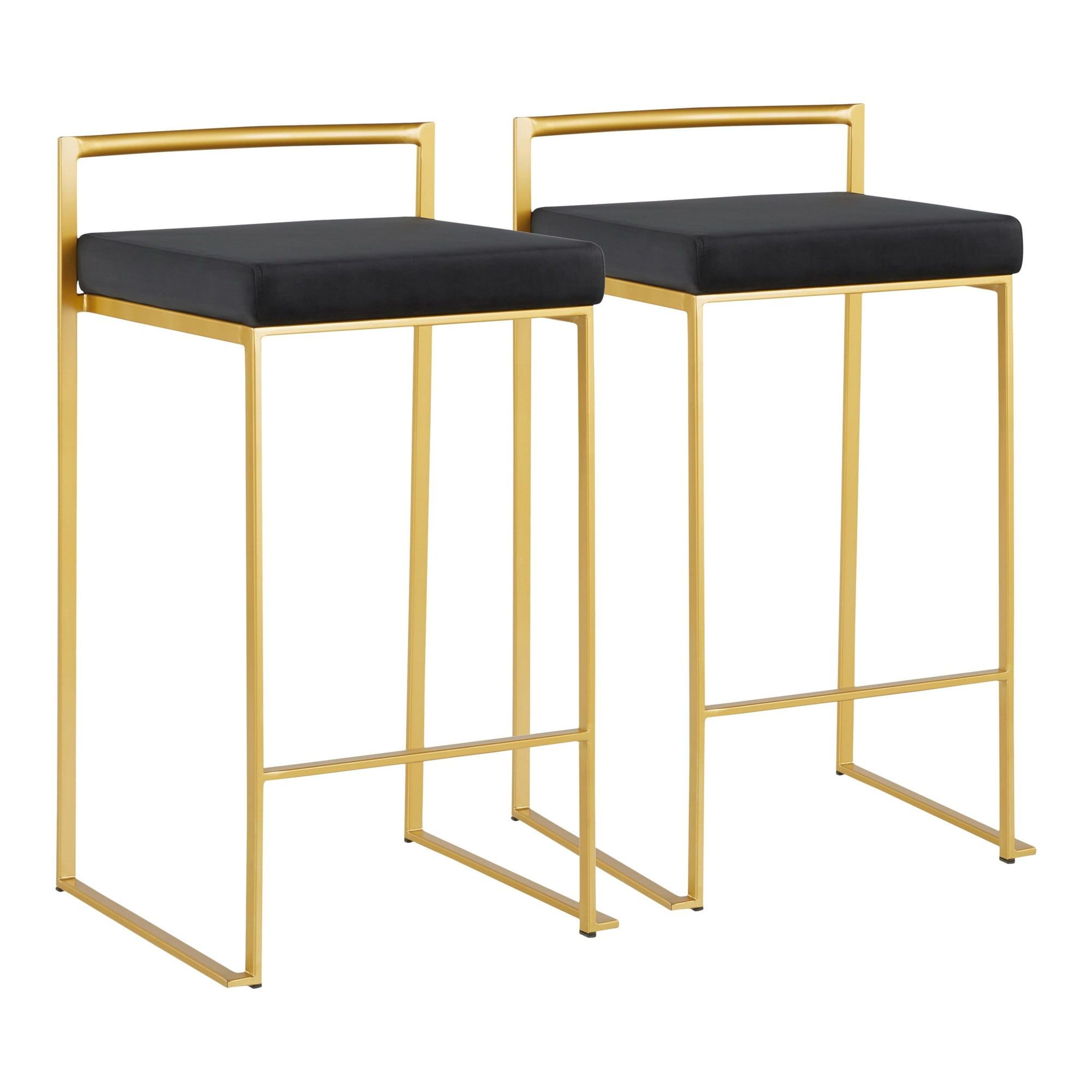 Set of 2 Black Velvet and Gold Metal Counter Stools