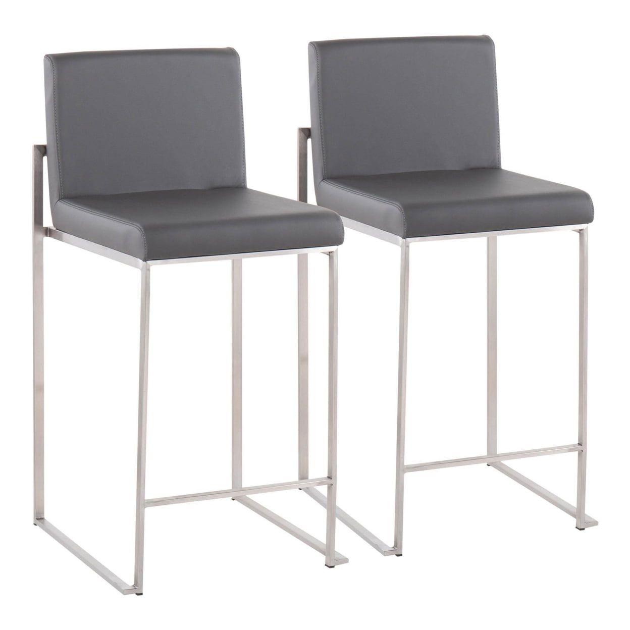 Fuji High Back Stainless Steel and Grey Faux Leather Counter Stools