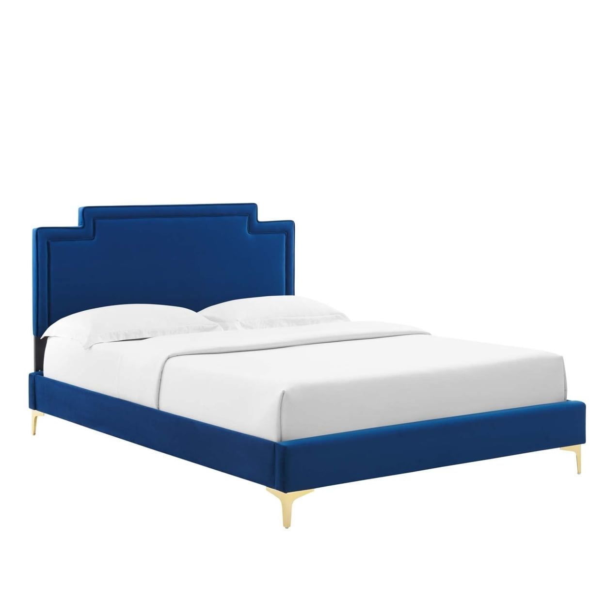 Elegant Navy Blue Velvet Full/Double Bed with Geometric Headboard and Gold Legs