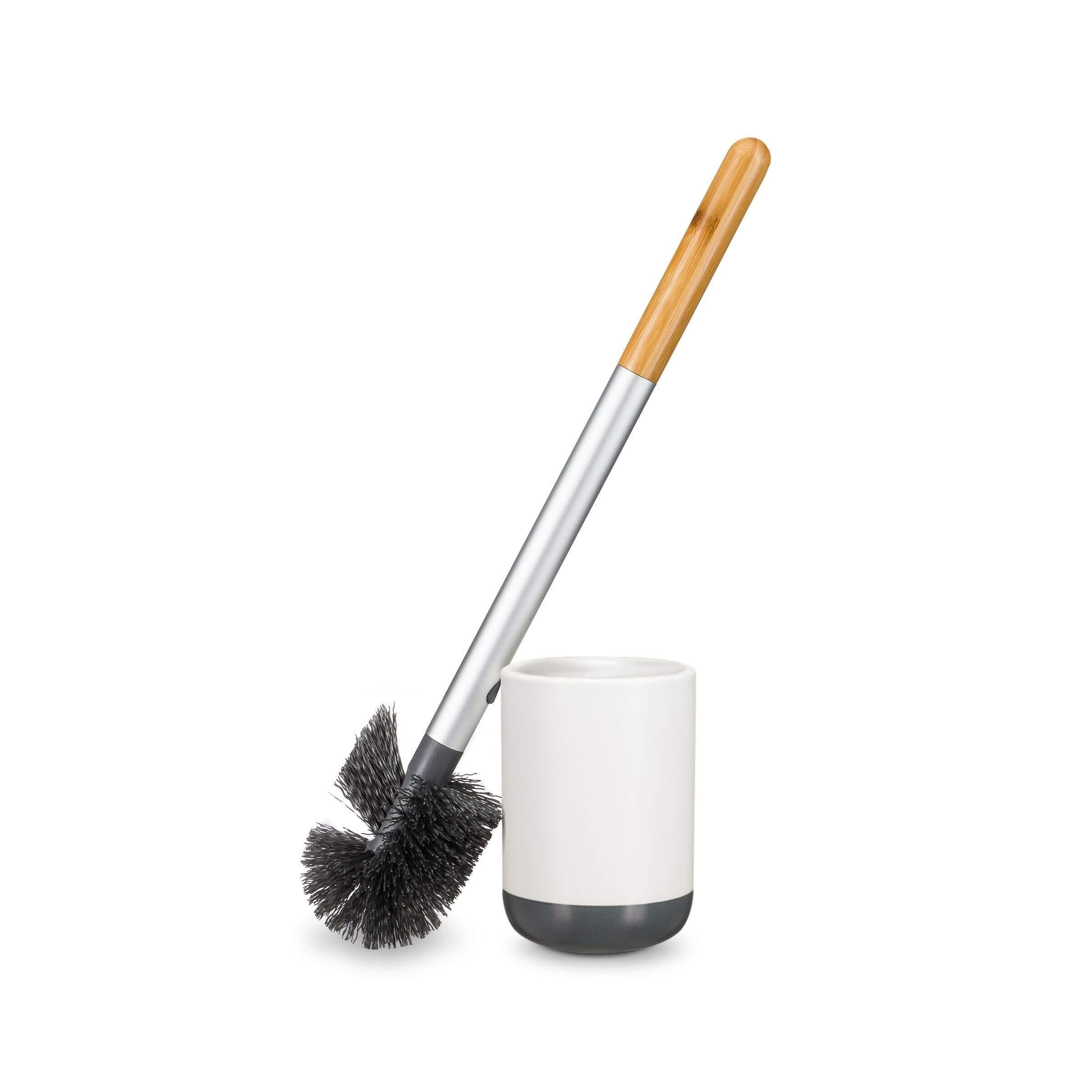 White Ceramic Toilet Brush with Bamboo Handle and Absorbent Disk