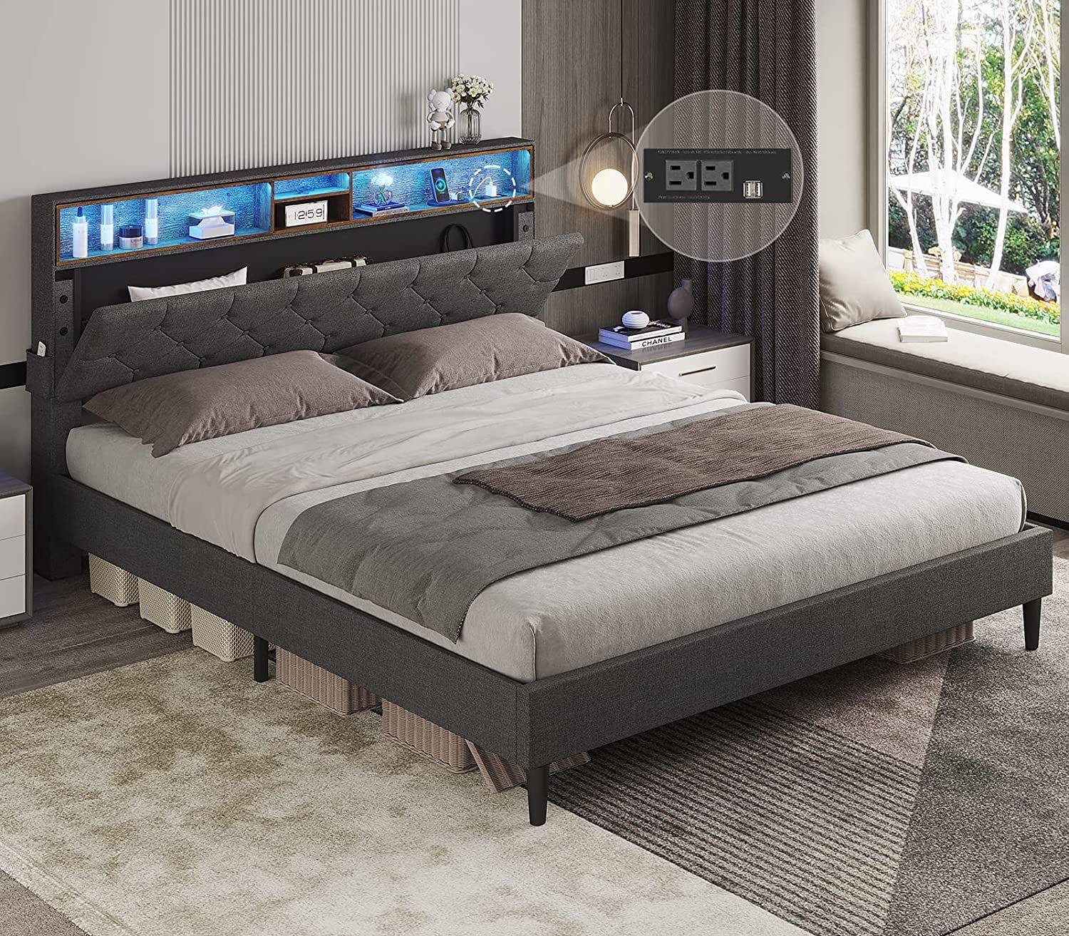 Full Size Dark Grey Upholstered Platform Bed with LED Storage Headboard