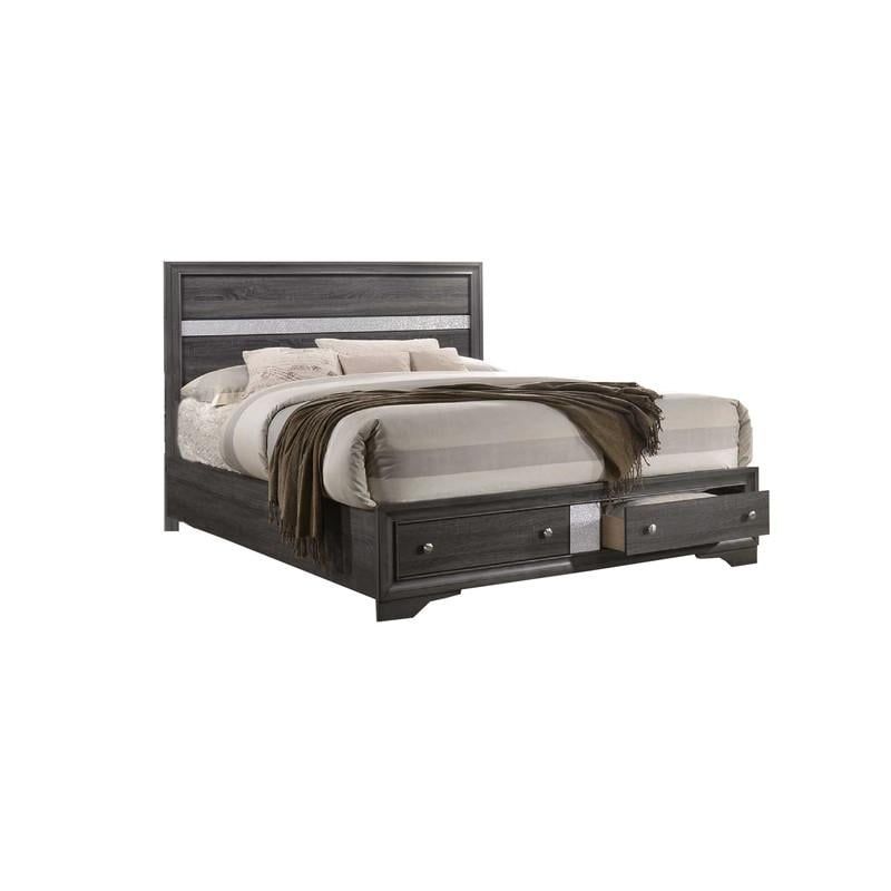 Catherine Full Double Gray Wood Bedframe with Silver Detailing and Drawer Storage