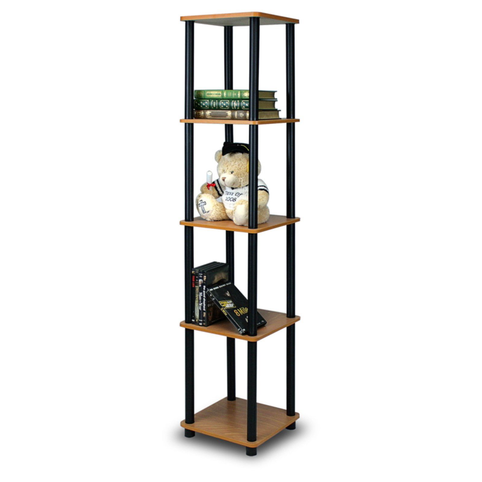 Adjustable Black and Light Cherry 5-Tier Corner Bookshelf