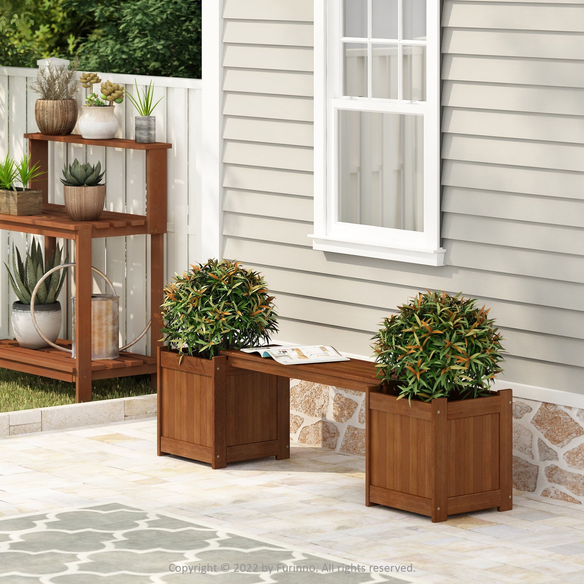 Furinno Brown Teak Hardwood Outdoor Planter Box with Bench