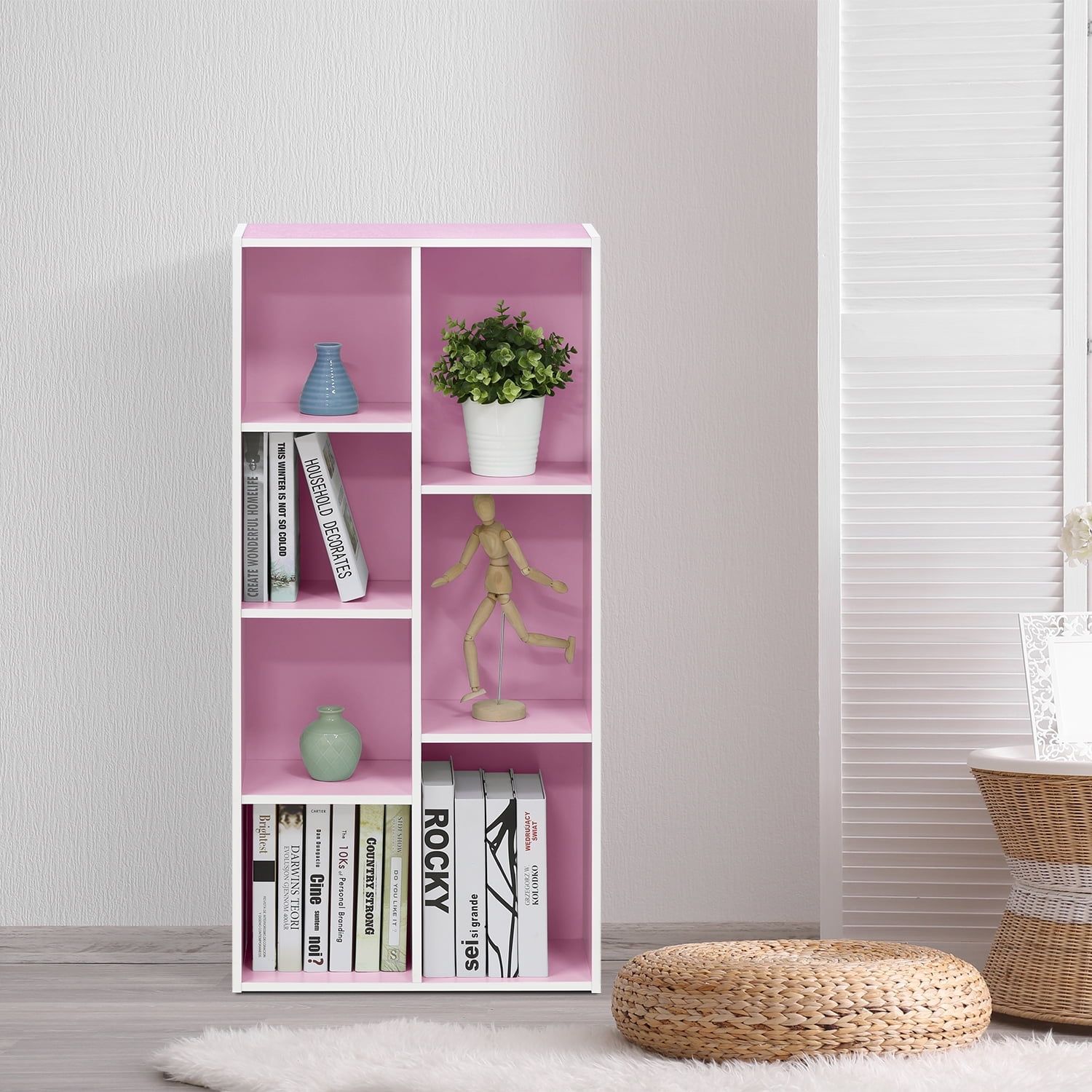 Chic White & Pink 7-Cube Freestanding Storage Shelf for Kids