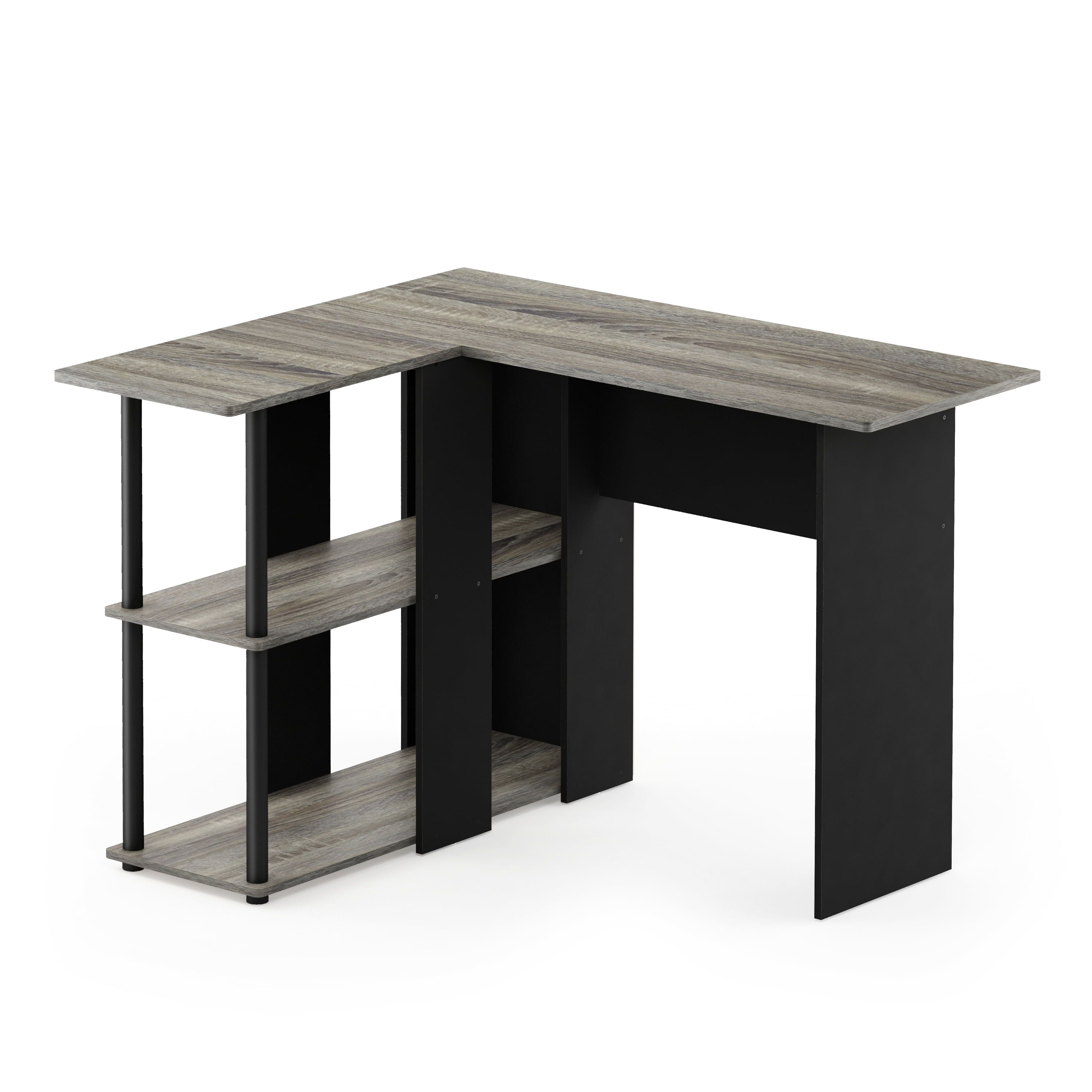 French Oak Grey and Black L-Shaped Writing Desk with Drawer