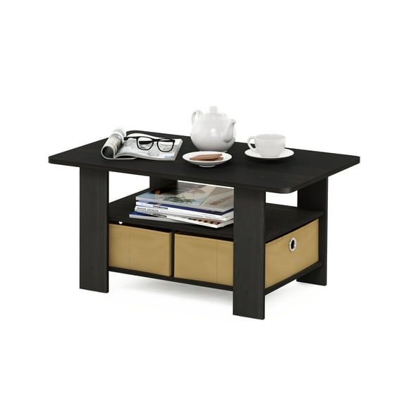 French Oak Gray and Black Wood Coffee Table with Storage Bins