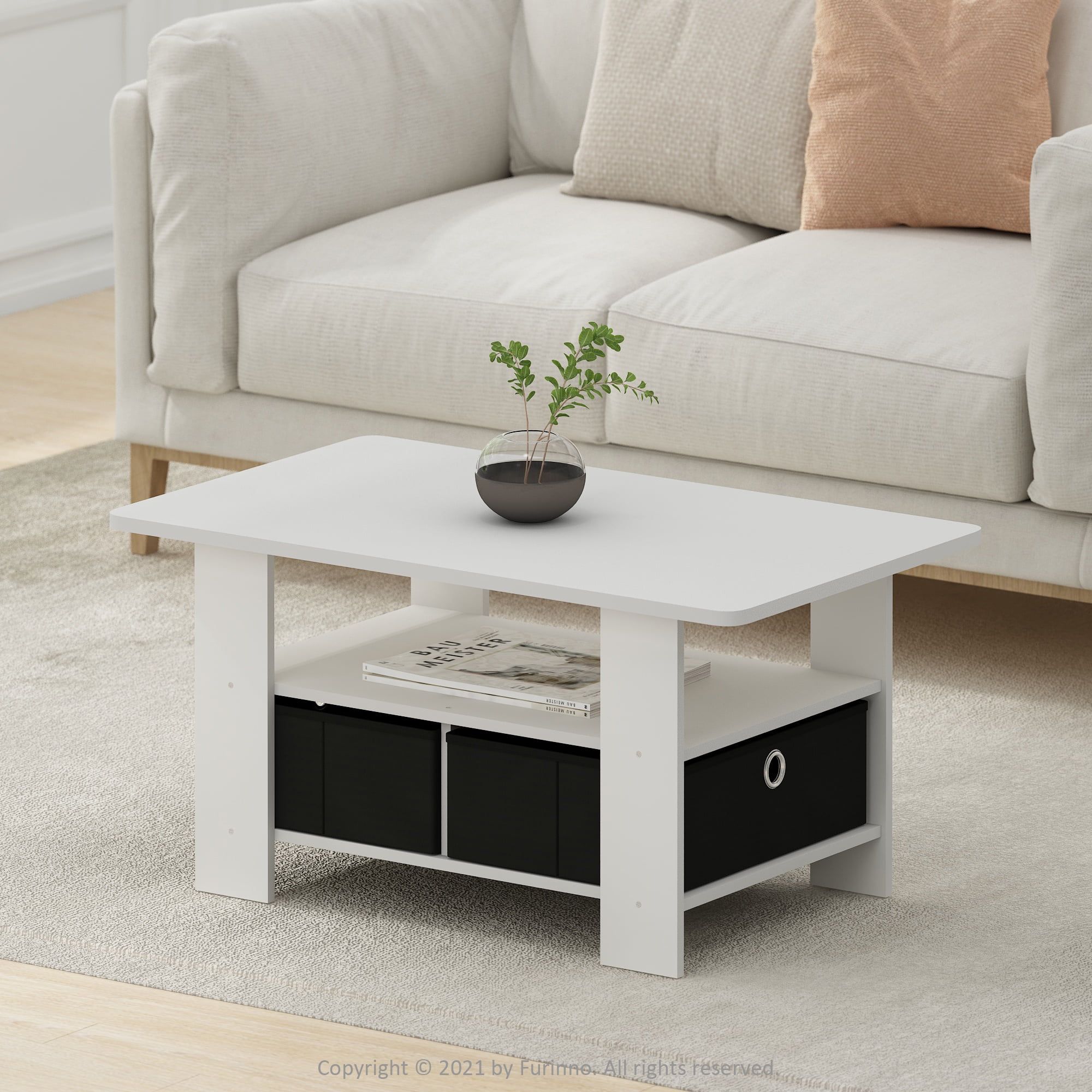 White and Black Rectangular Wood Coffee Table with Storage