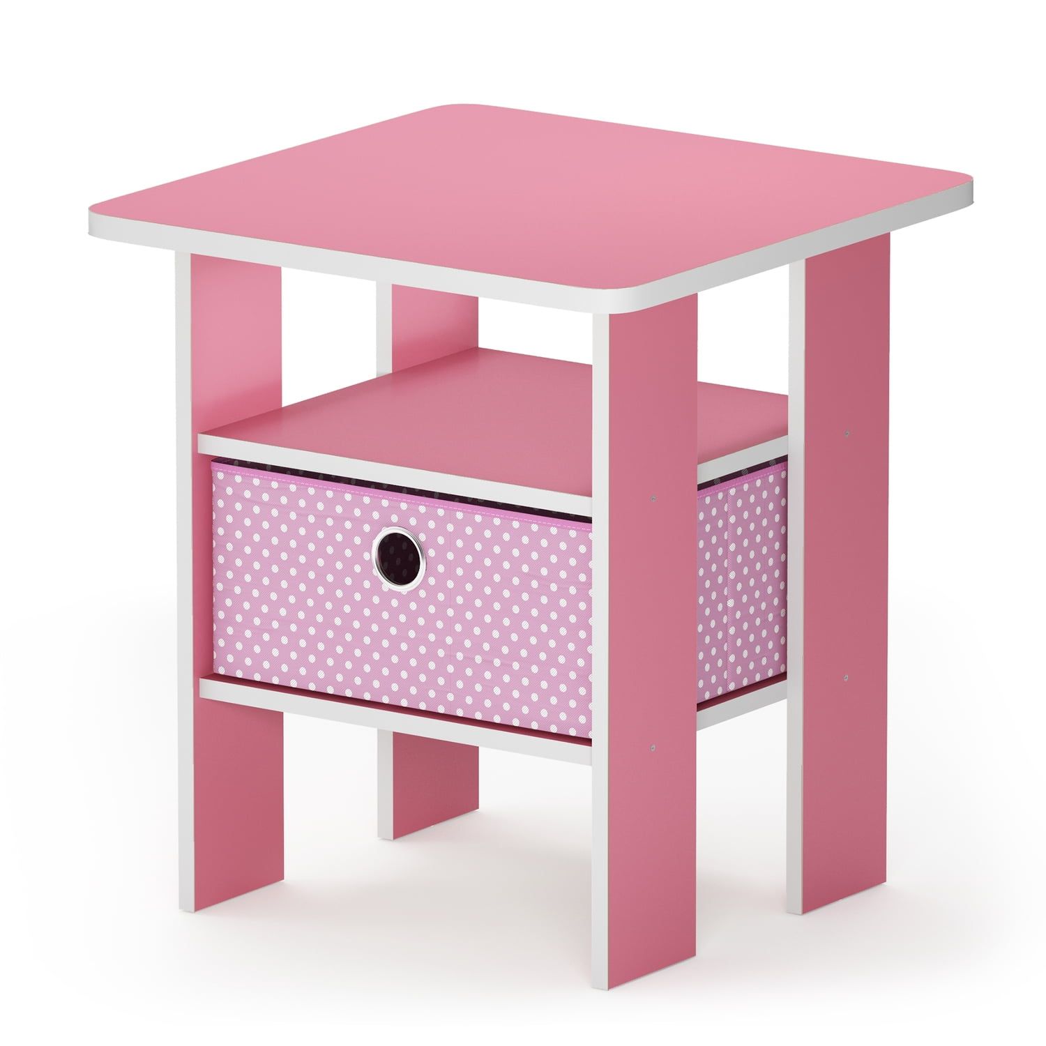 Pink and White Particle Board End Table with Fabric Drawer