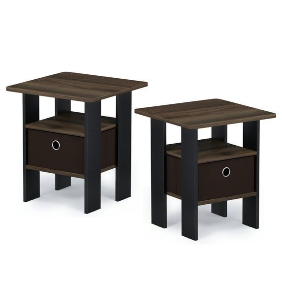 Walnut Dark Brown Particle Board End Tables with Storage, Set of 2